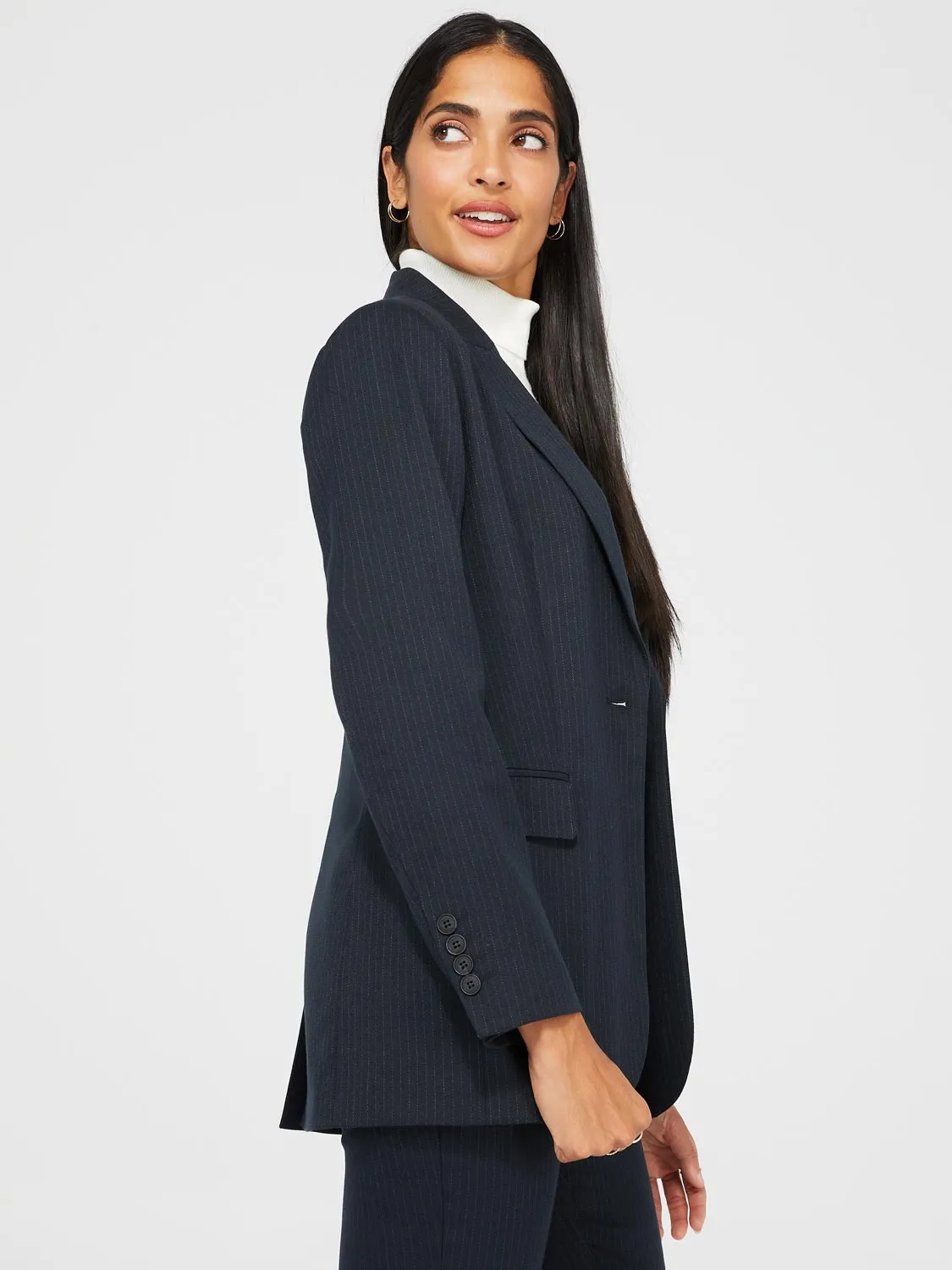 1-Button Striped Blazer With Flap Pockets