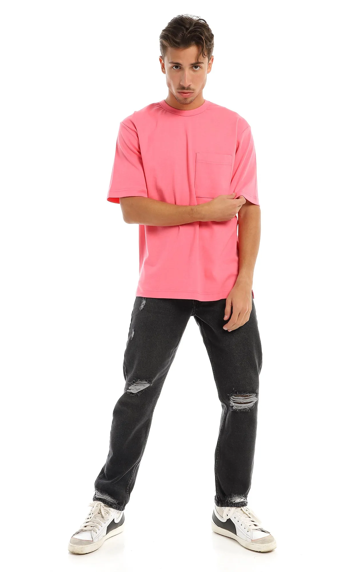 97705 Solid Basic Round Patched Pocket Light Pink T-Shirt