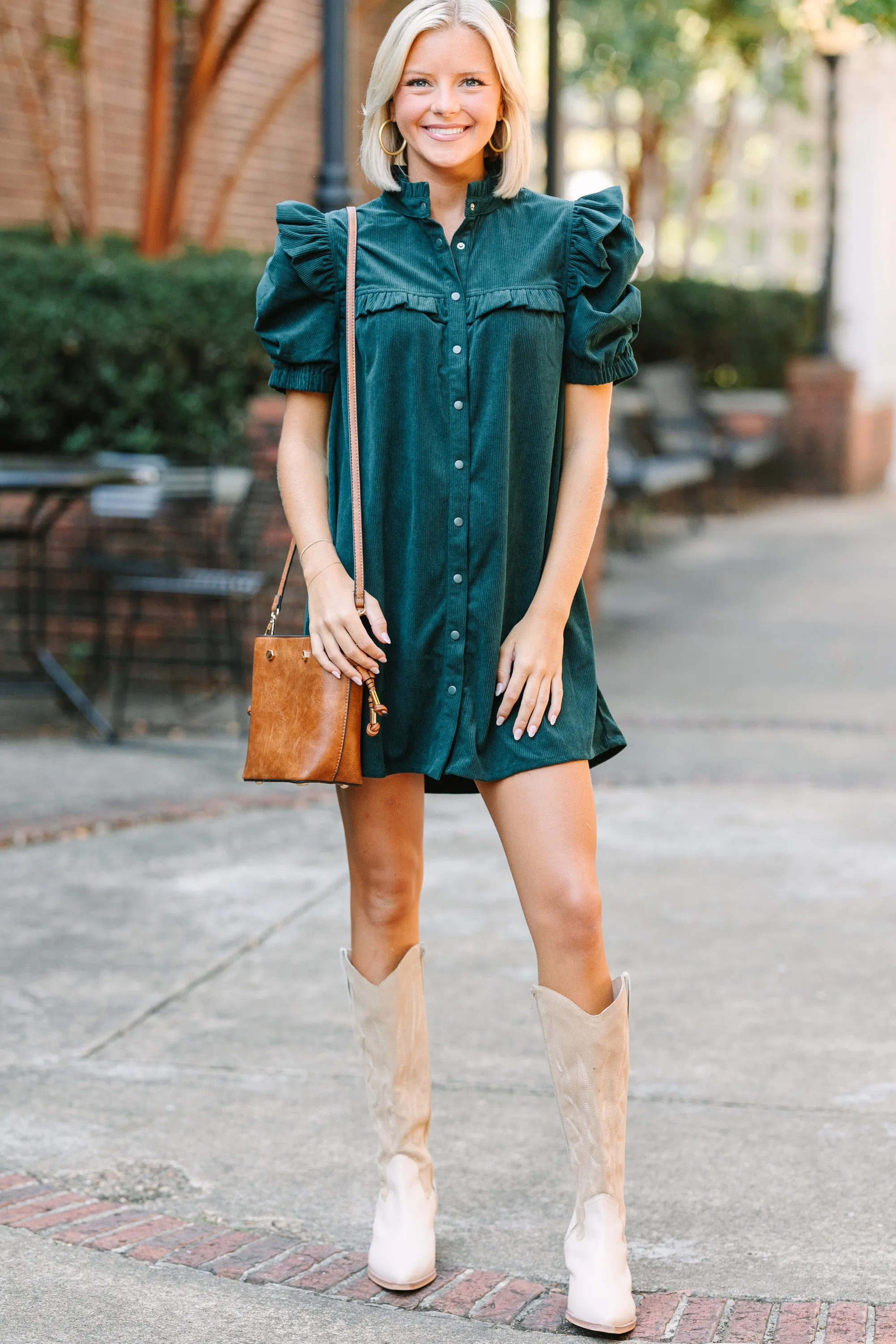 Answer The Call Hunter Green Corduroy Dress