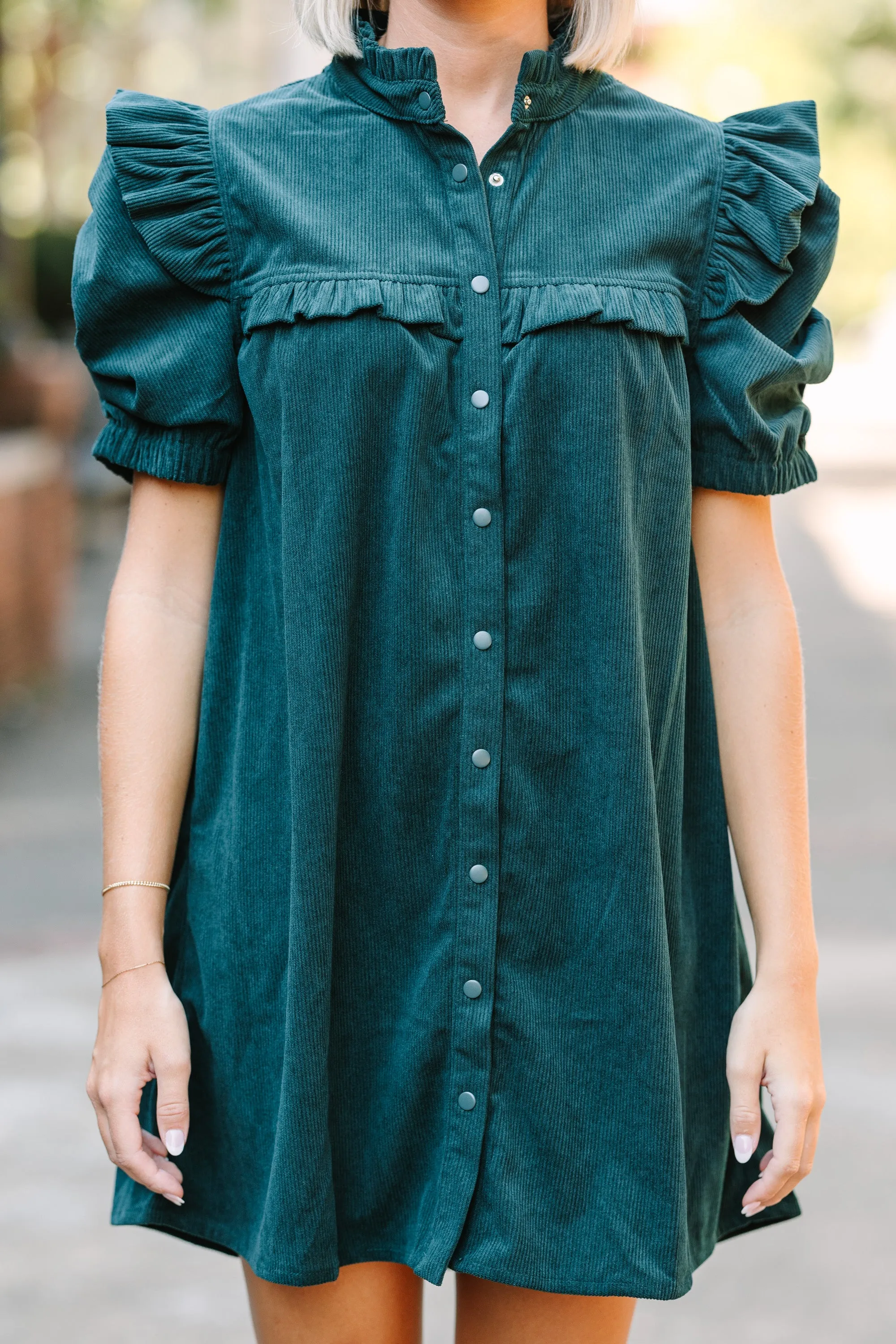 Answer The Call Hunter Green Corduroy Dress