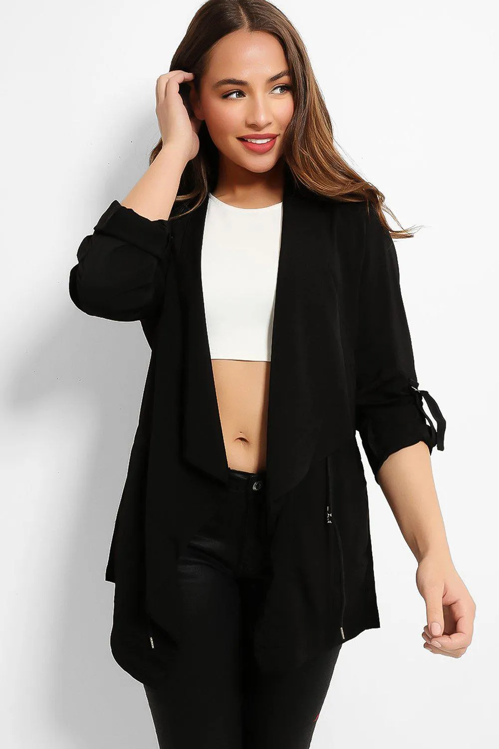 Black Drawstring Waist Waterfall Satin Duster