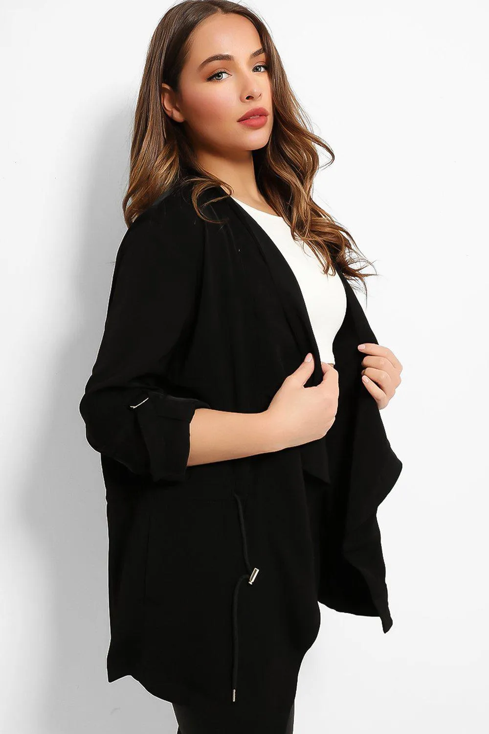 Black Drawstring Waist Waterfall Satin Duster