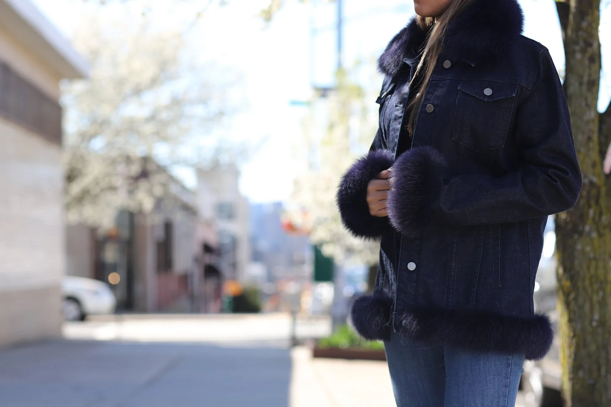 Blue Denim Jacket w/ Fox Fur Trim - Blue/Natural