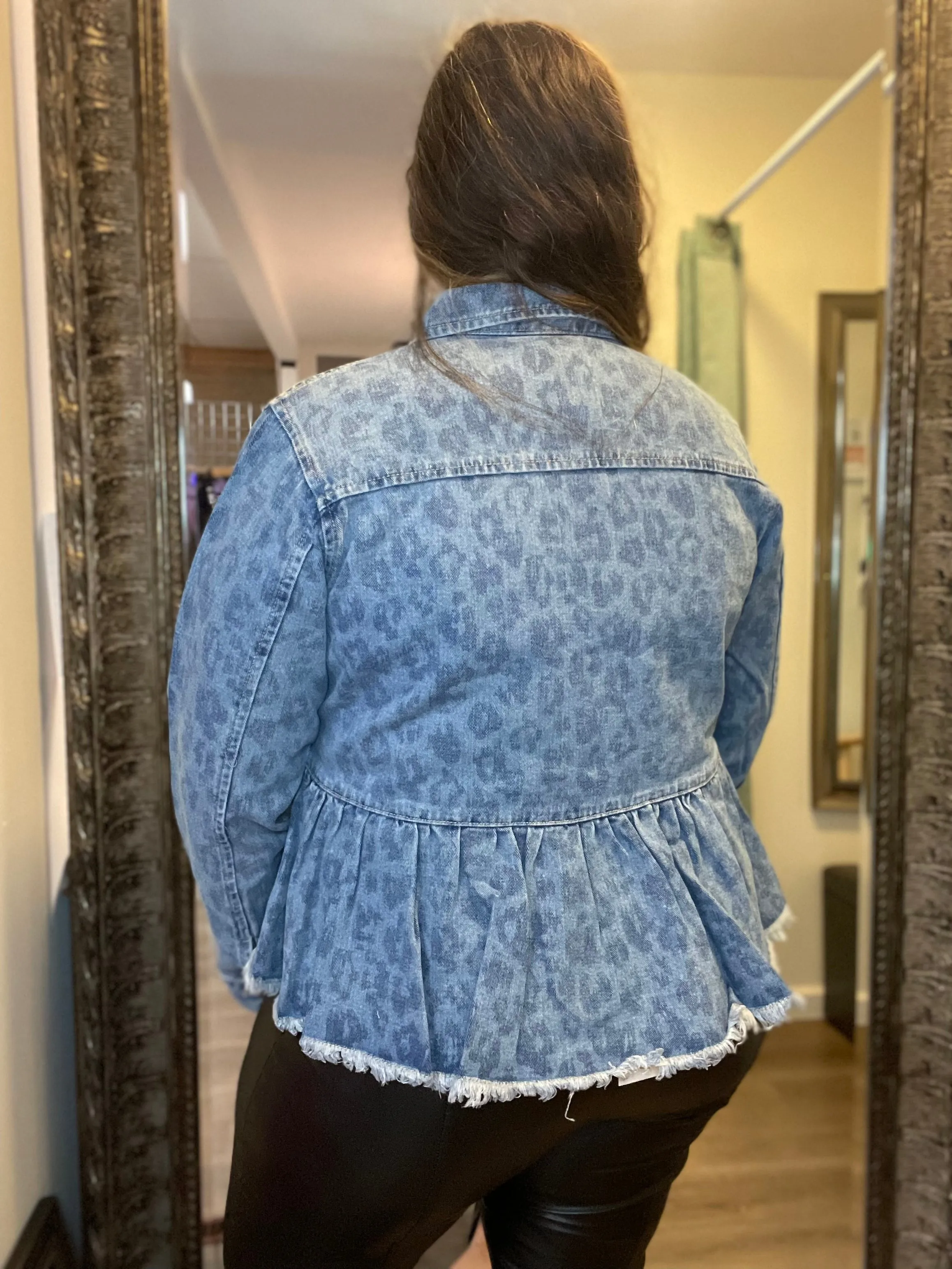 Blue Leopard Peplum Denim Jacket