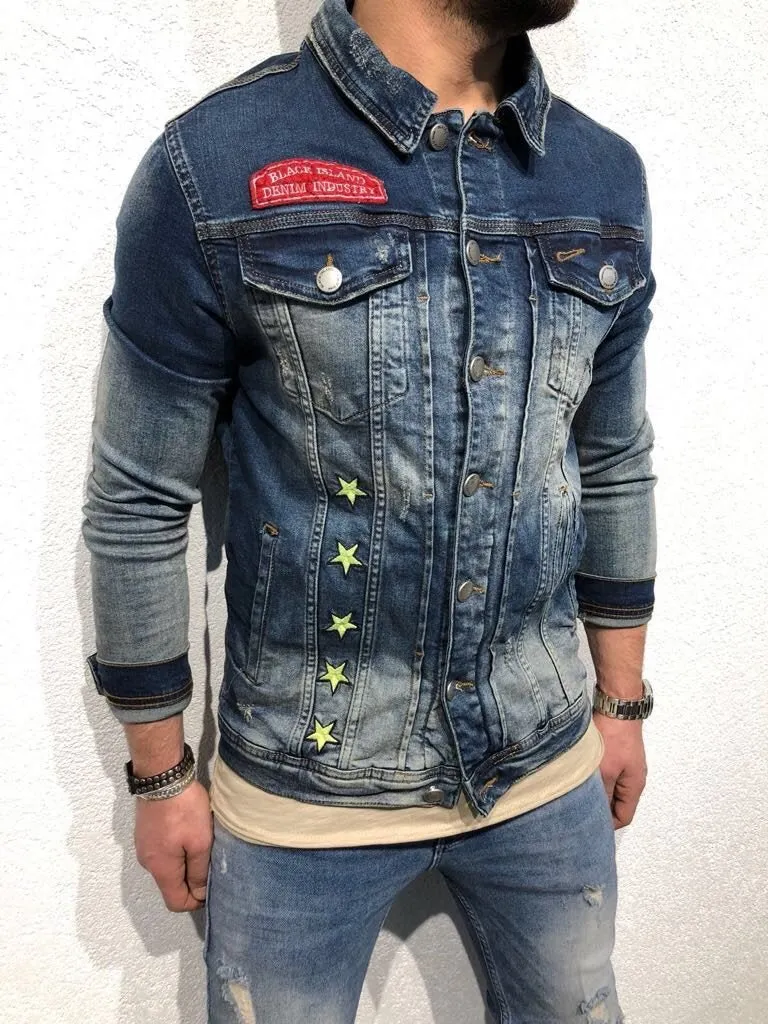 Blue Stars Patched Jeans Jacket B97 Streetwear Mens Jean Jacket