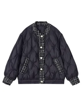 Cashmere Padded Single-breasted Patchwork Rhombic Lattice Varsity Jacket for Women