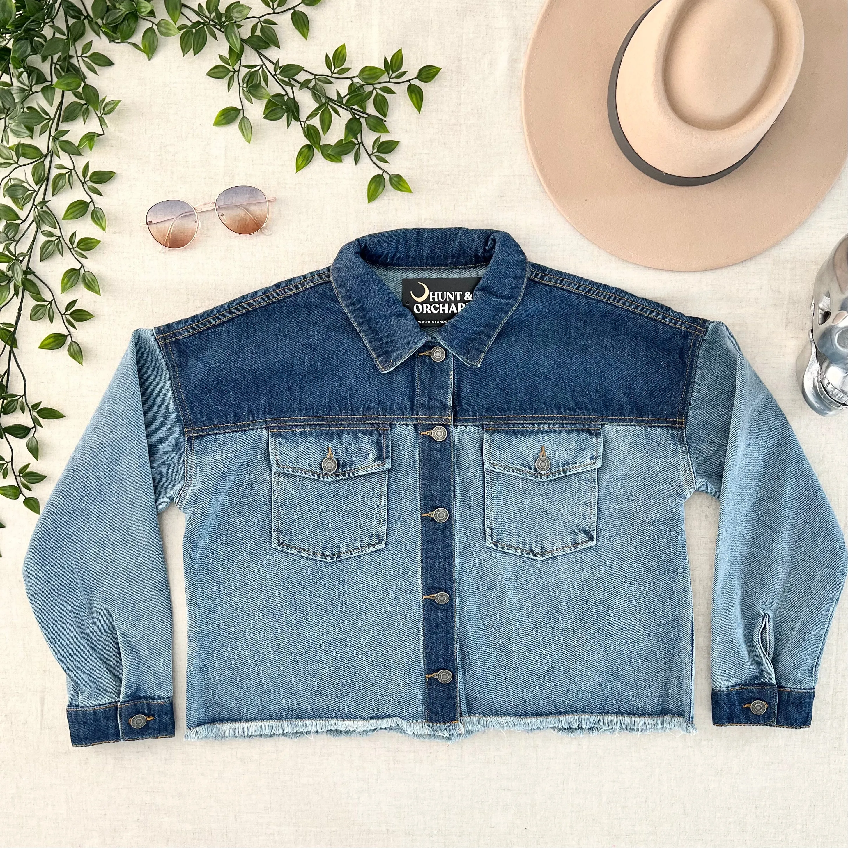 Colorblock Crop Denim Jacket - Blue