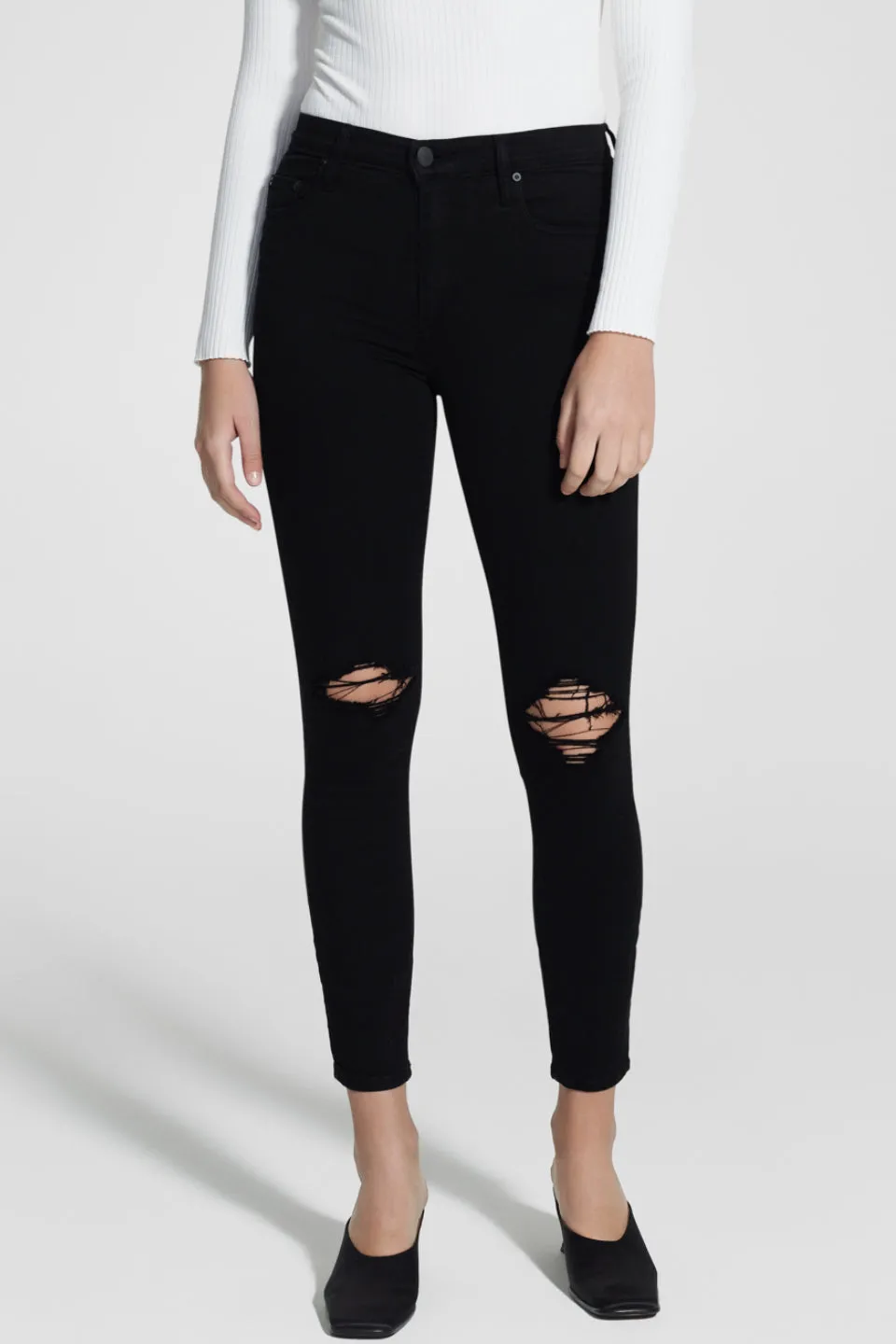 Defined Cult Skinny Ankle Knee Rips Black Jeans