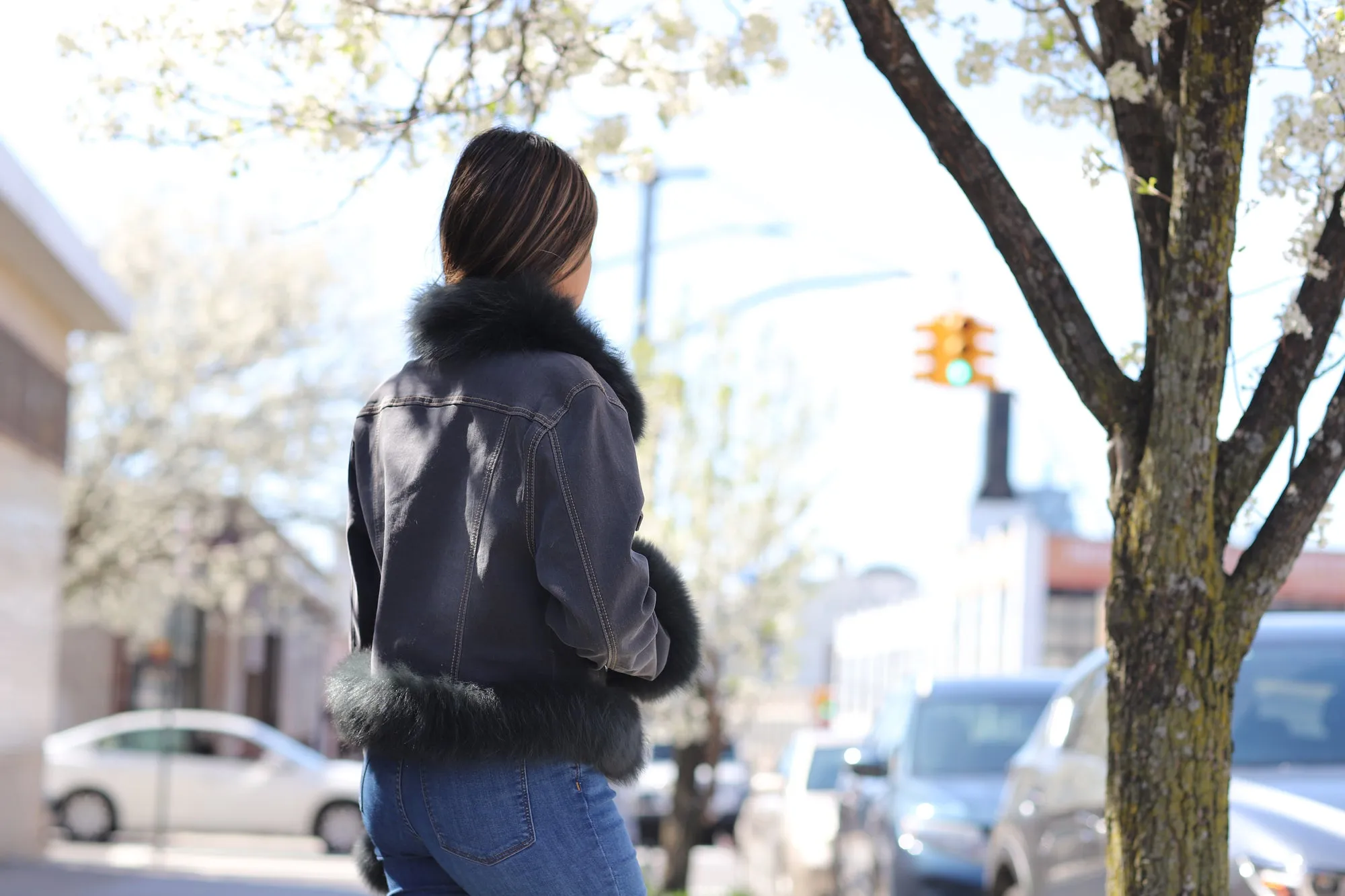 Fox Fur Denim Jacket - Black/Grey