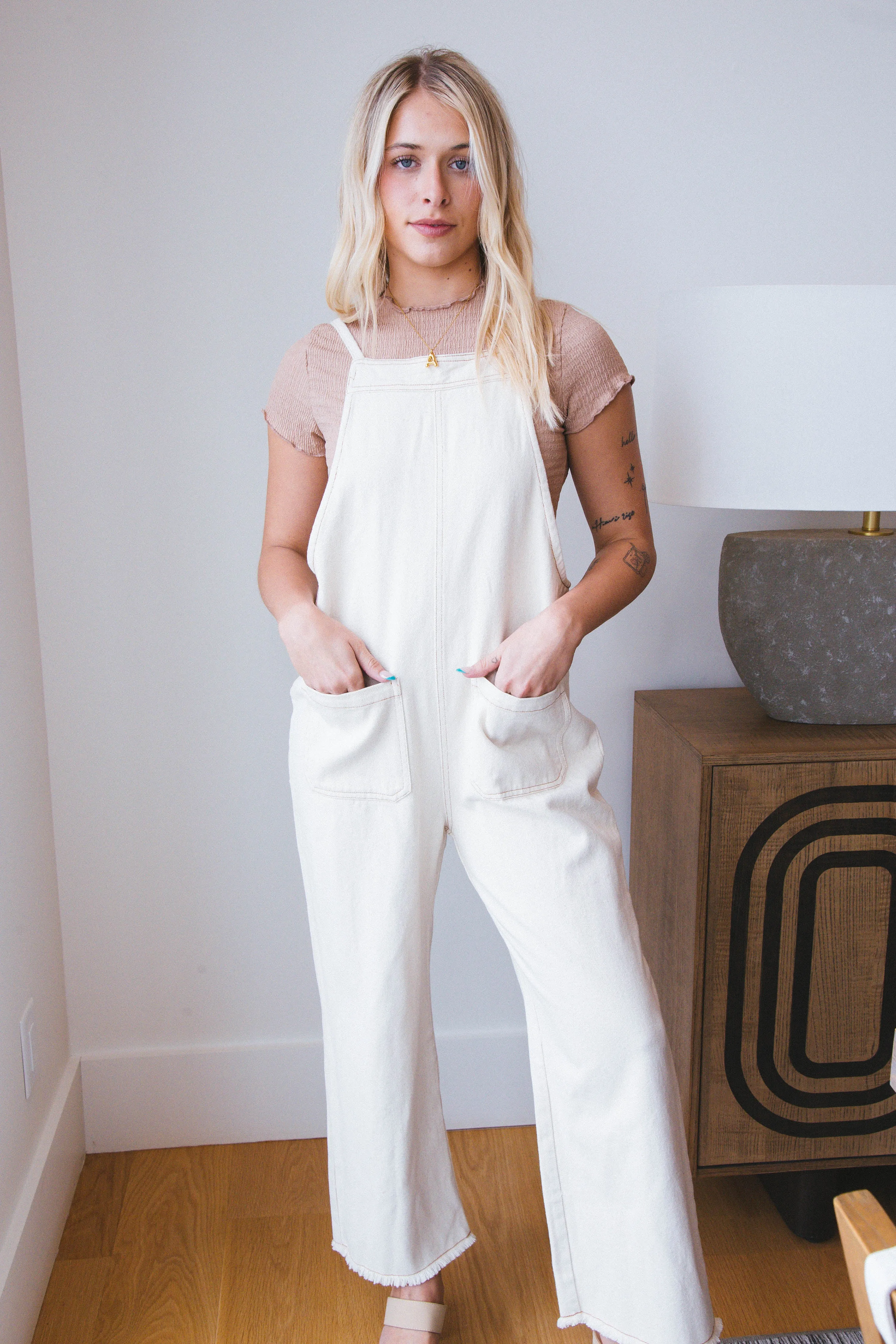 Genevieve Denim Overall Jumpsuit, Oatmeal