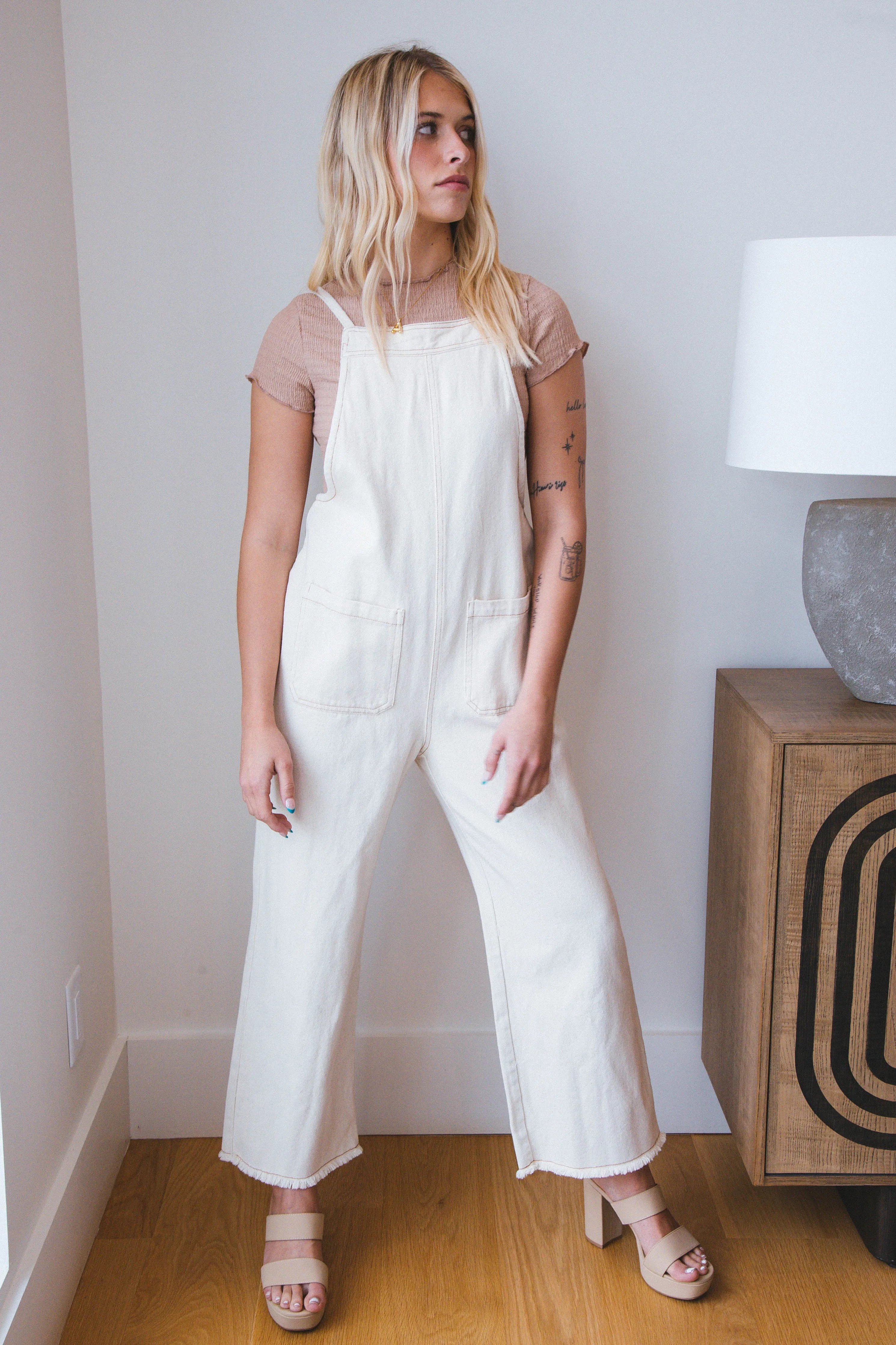 Genevieve Denim Overall Jumpsuit, Oatmeal