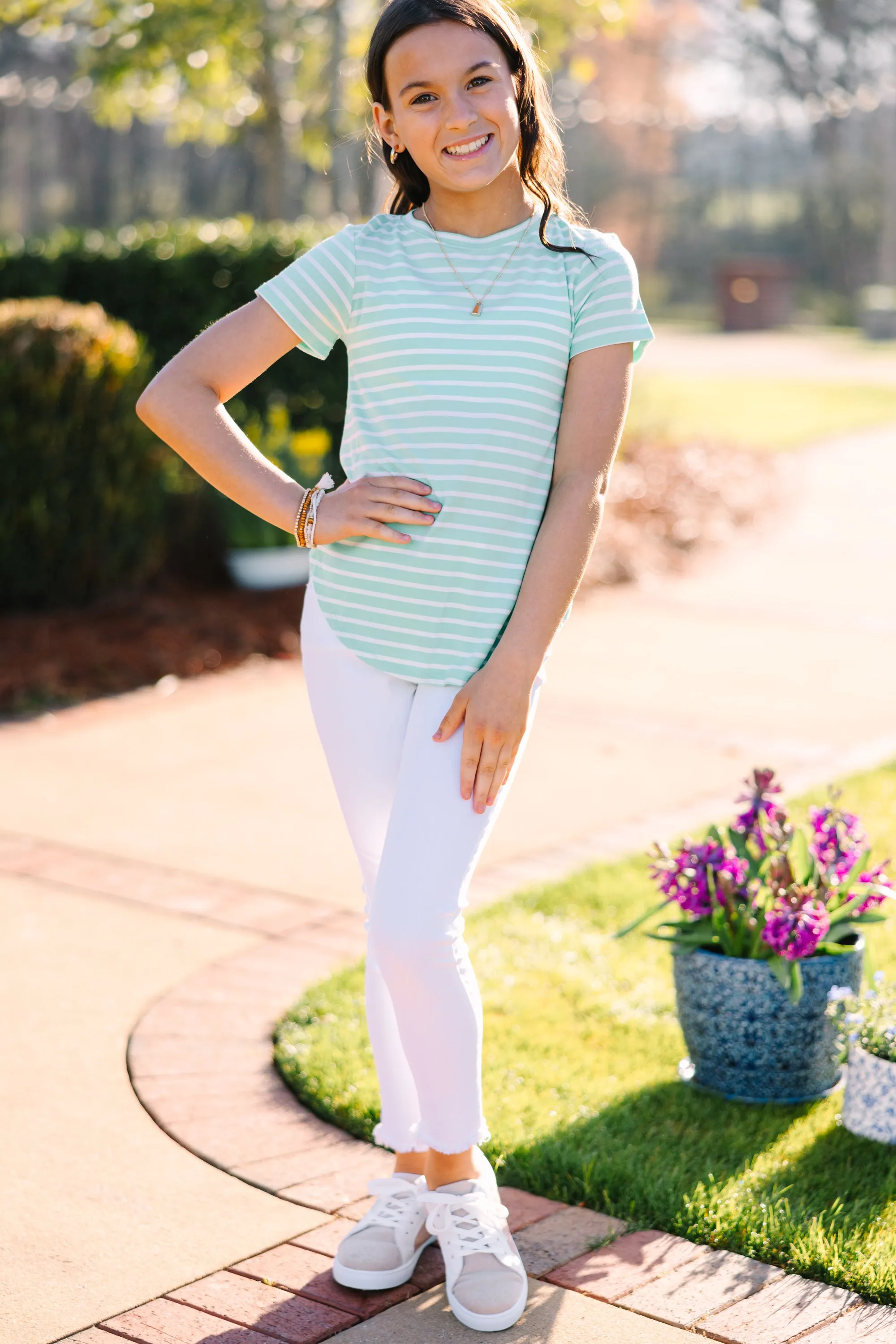 Girls: Let's Meet Later Mint Green Striped Top