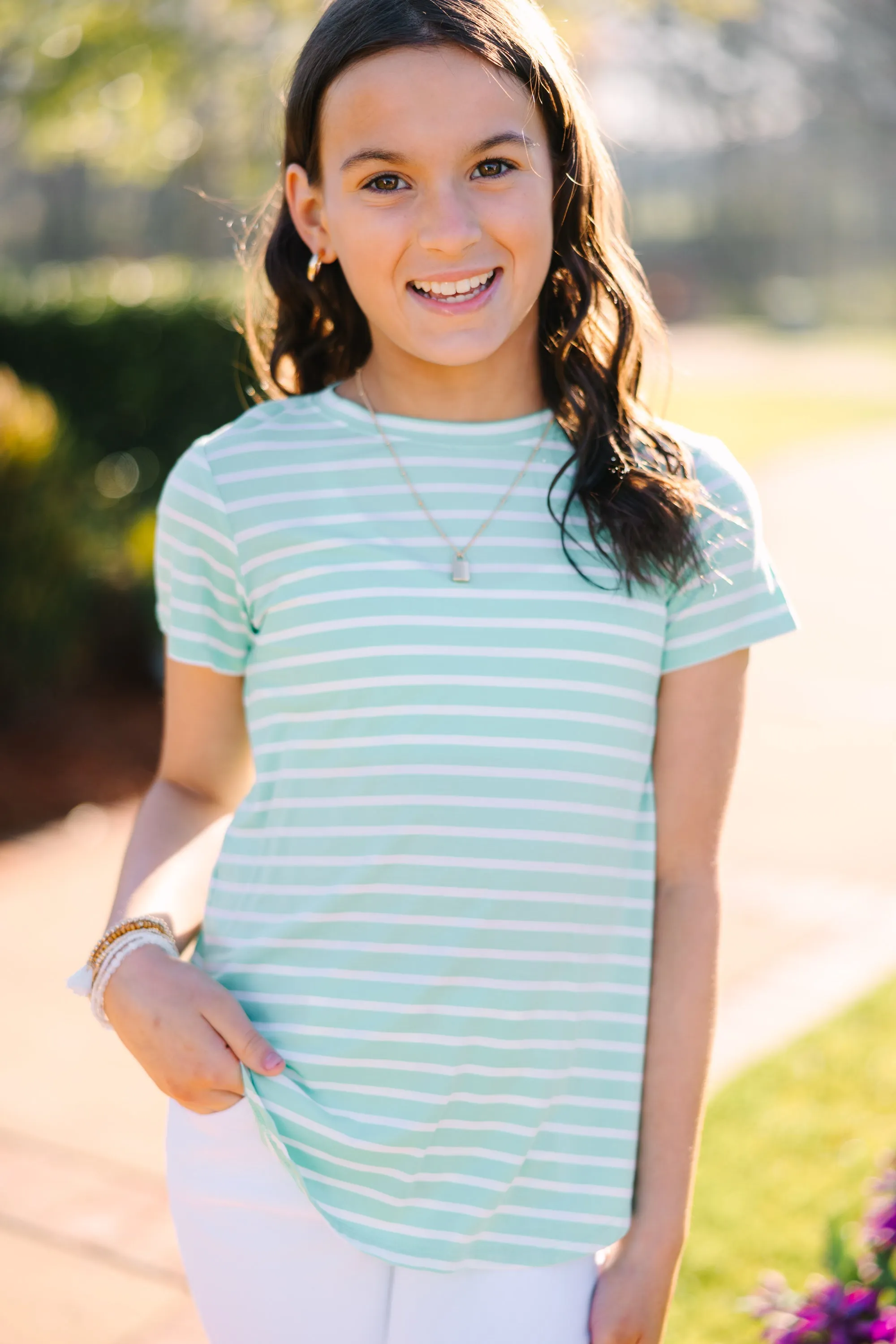 Girls: Let's Meet Later Mint Green Striped Top