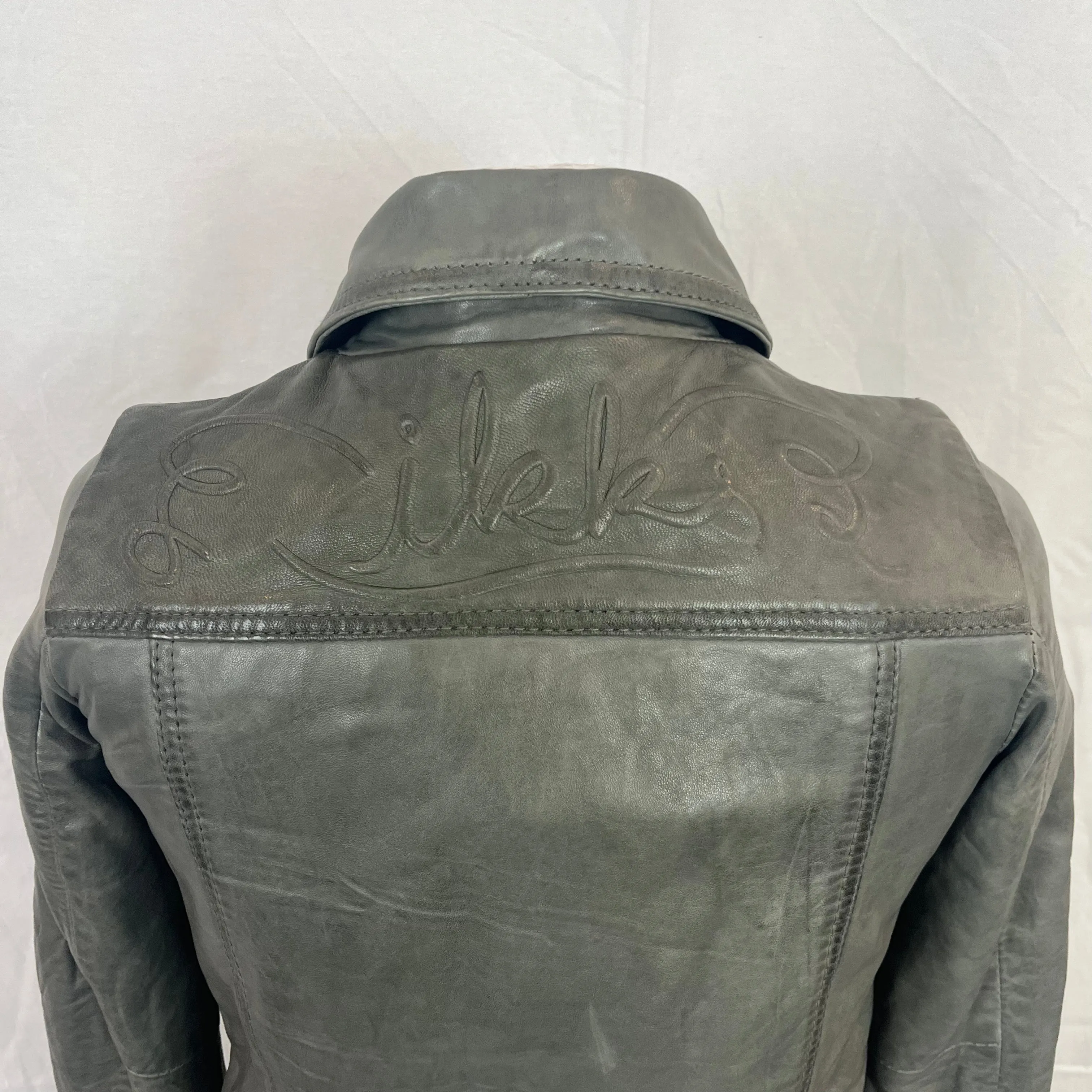 IKKS Pale Olive Topstitched Leather Bomber Jacket XS