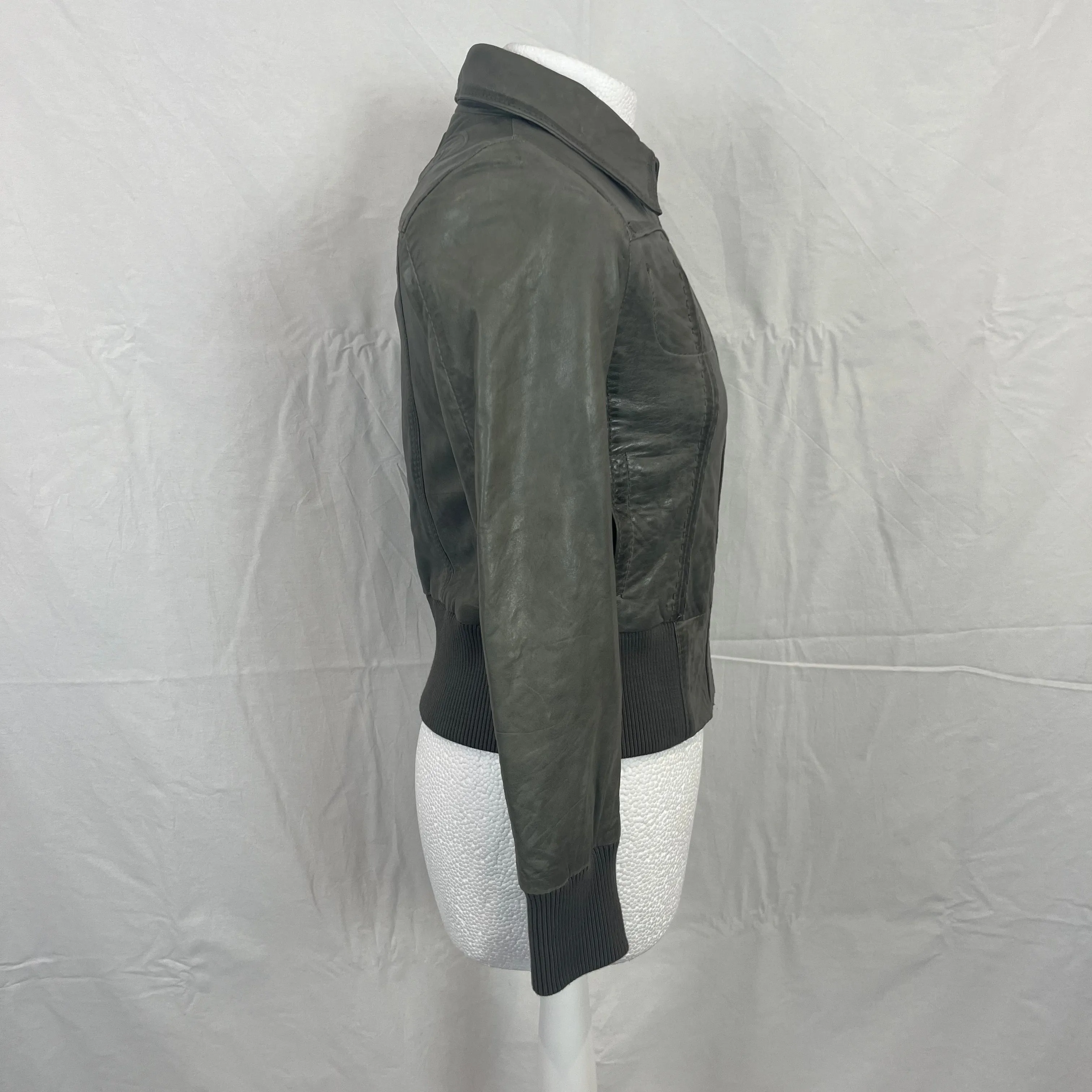 IKKS Pale Olive Topstitched Leather Bomber Jacket XS