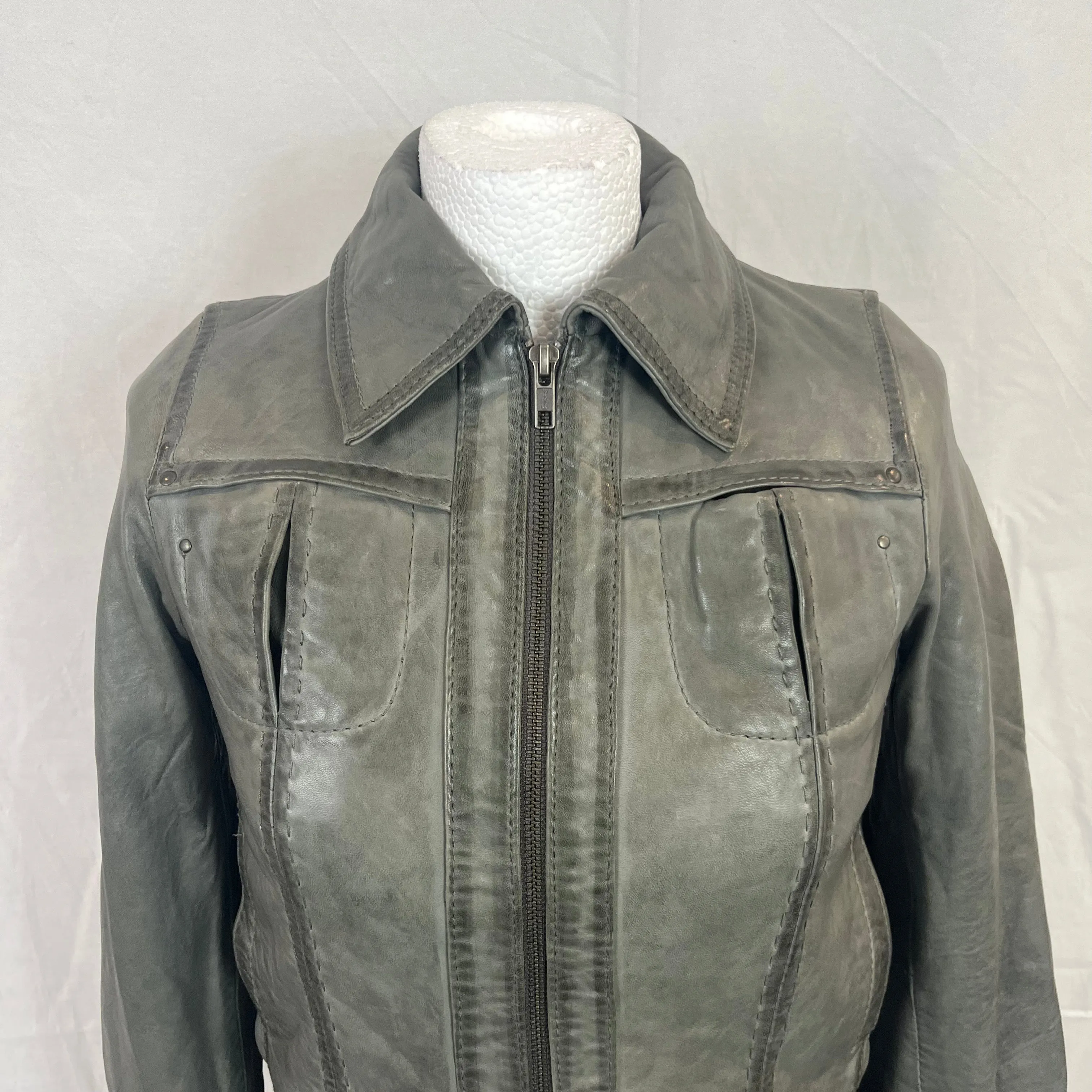 IKKS Pale Olive Topstitched Leather Bomber Jacket XS