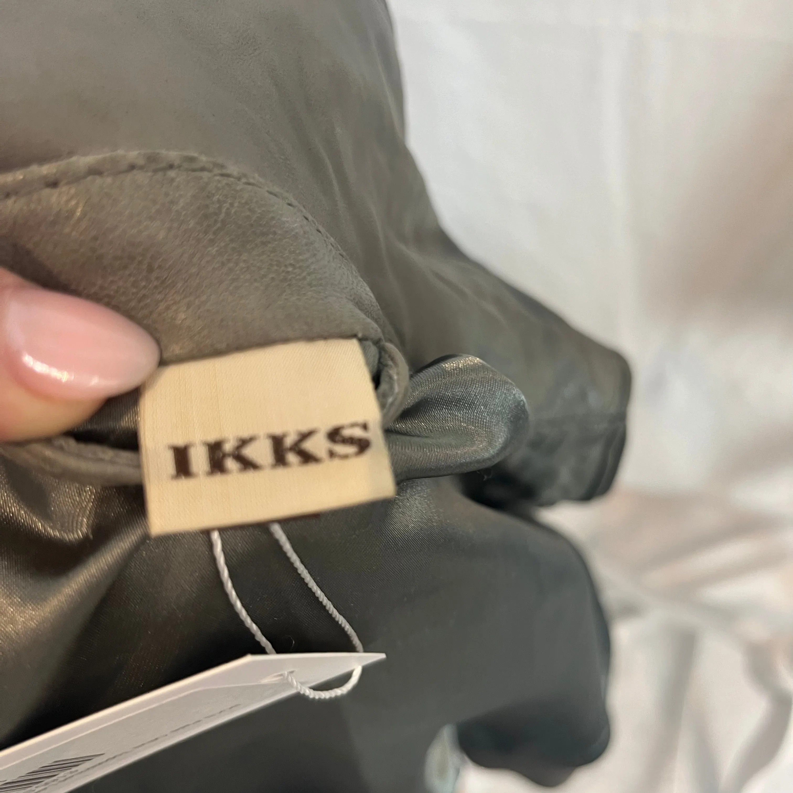 IKKS Pale Olive Topstitched Leather Bomber Jacket XS