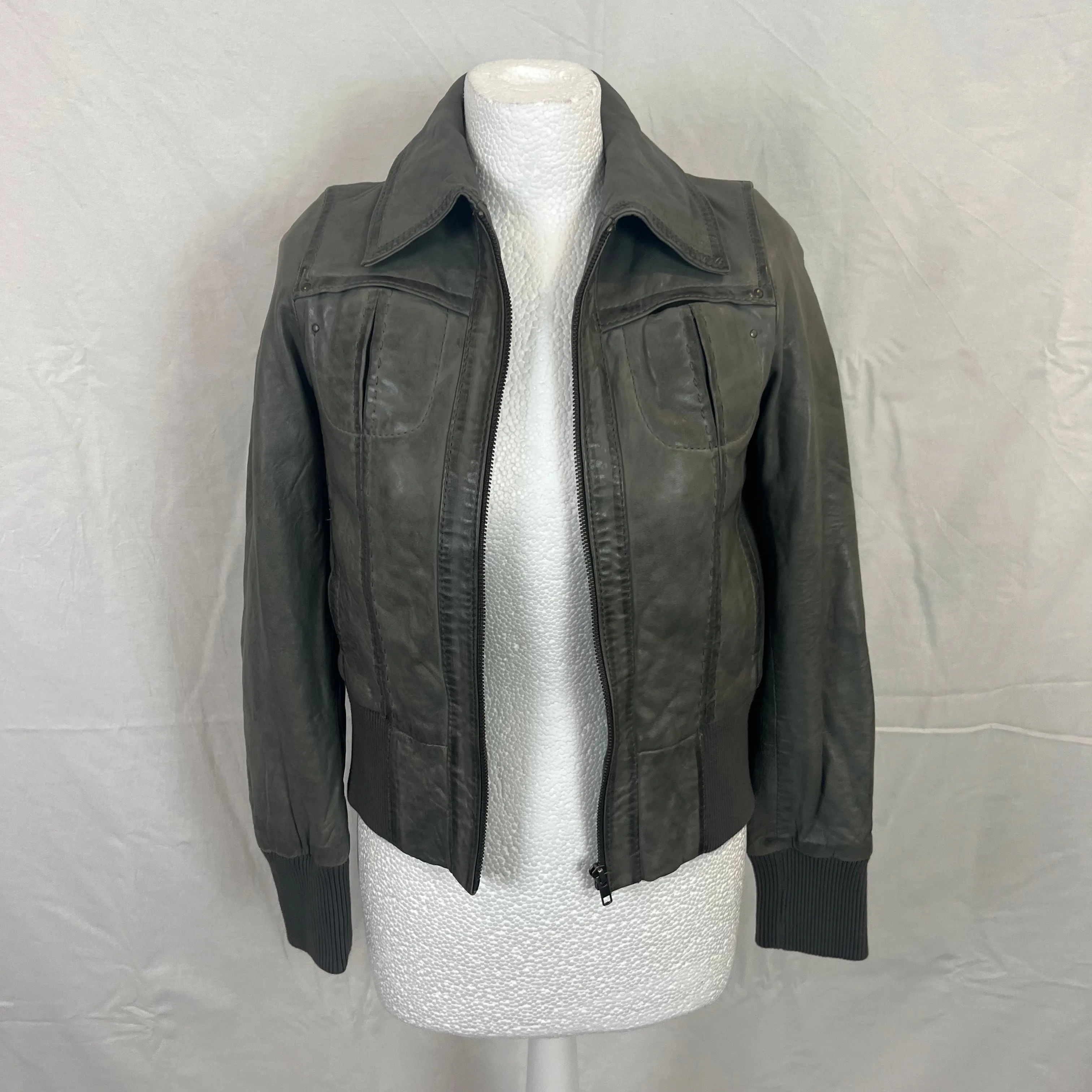 IKKS Pale Olive Topstitched Leather Bomber Jacket XS