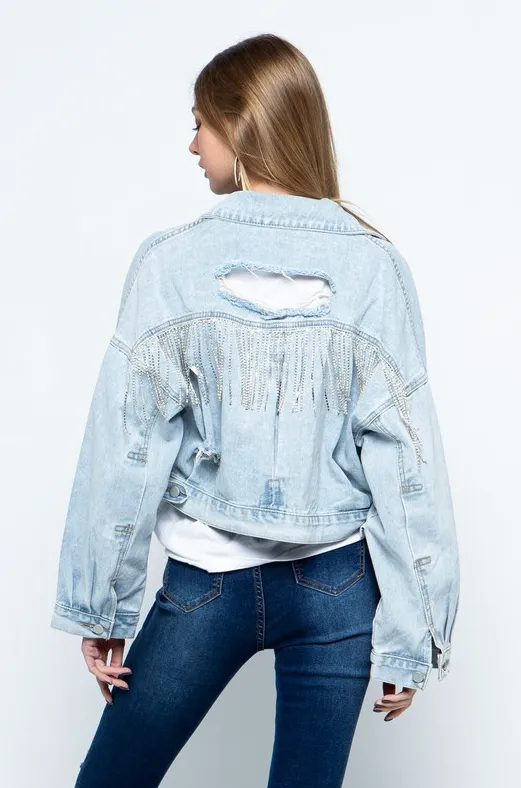 Jade Rhinestone Fringe Denim Jacket