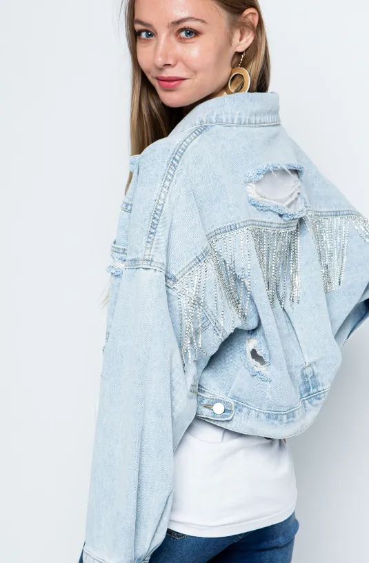 Jade Rhinestone Fringe Denim Jacket