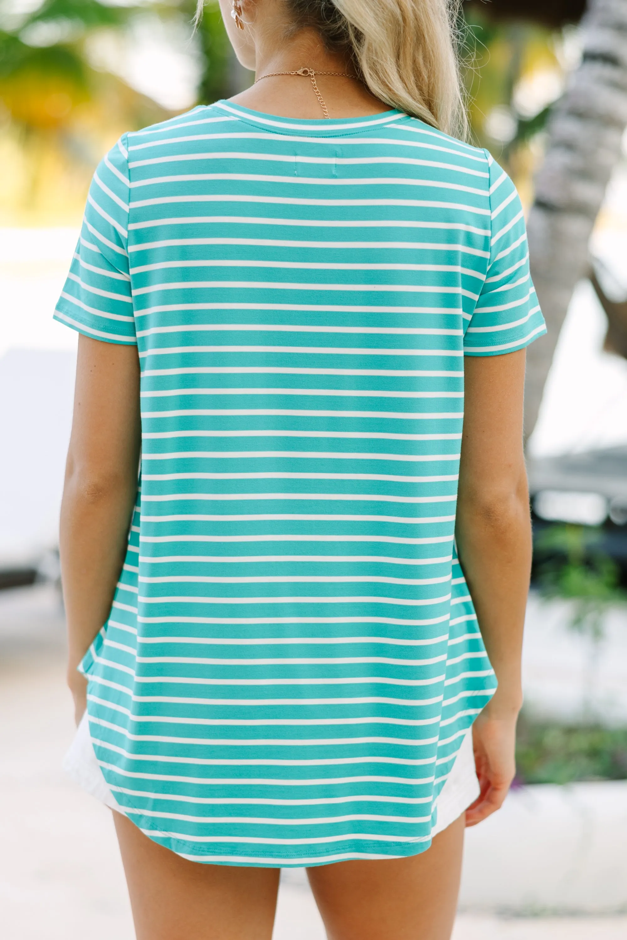 Let's Meet Later Aqua Green Striped Top