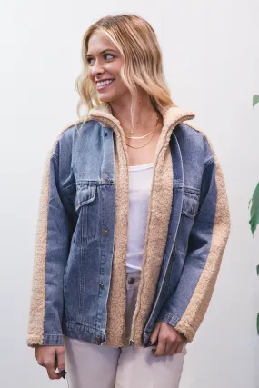 Lexie Faux Fur Denim Mix Jacket, Tan/Denim