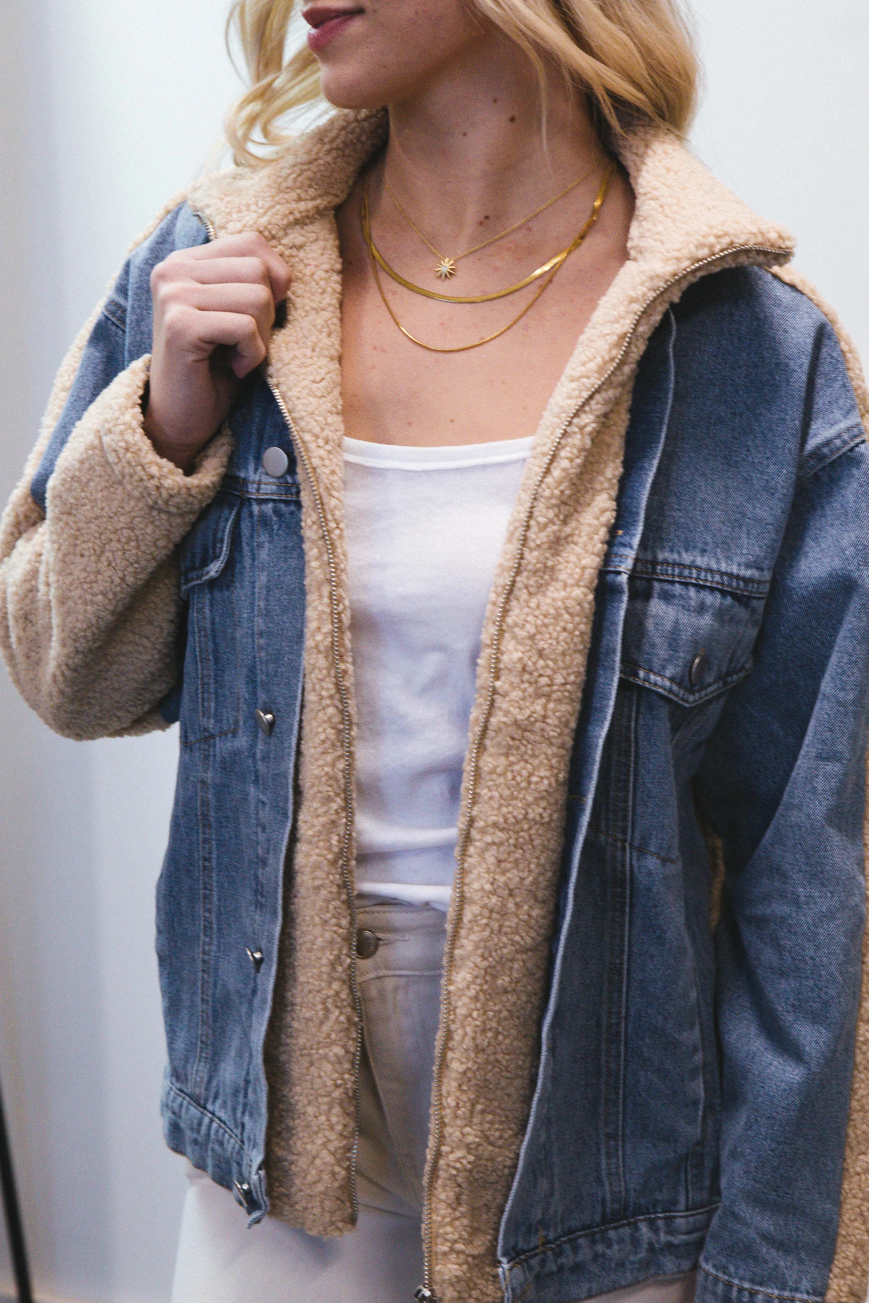 Lexie Faux Fur Denim Mix Jacket, Tan/Denim