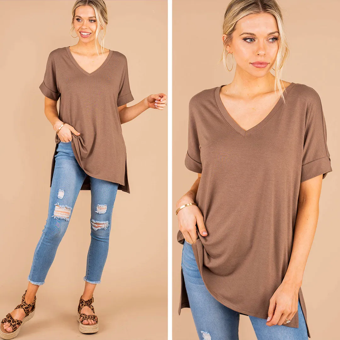 Make Your Life Easy Mocha Brown V-Neck Top