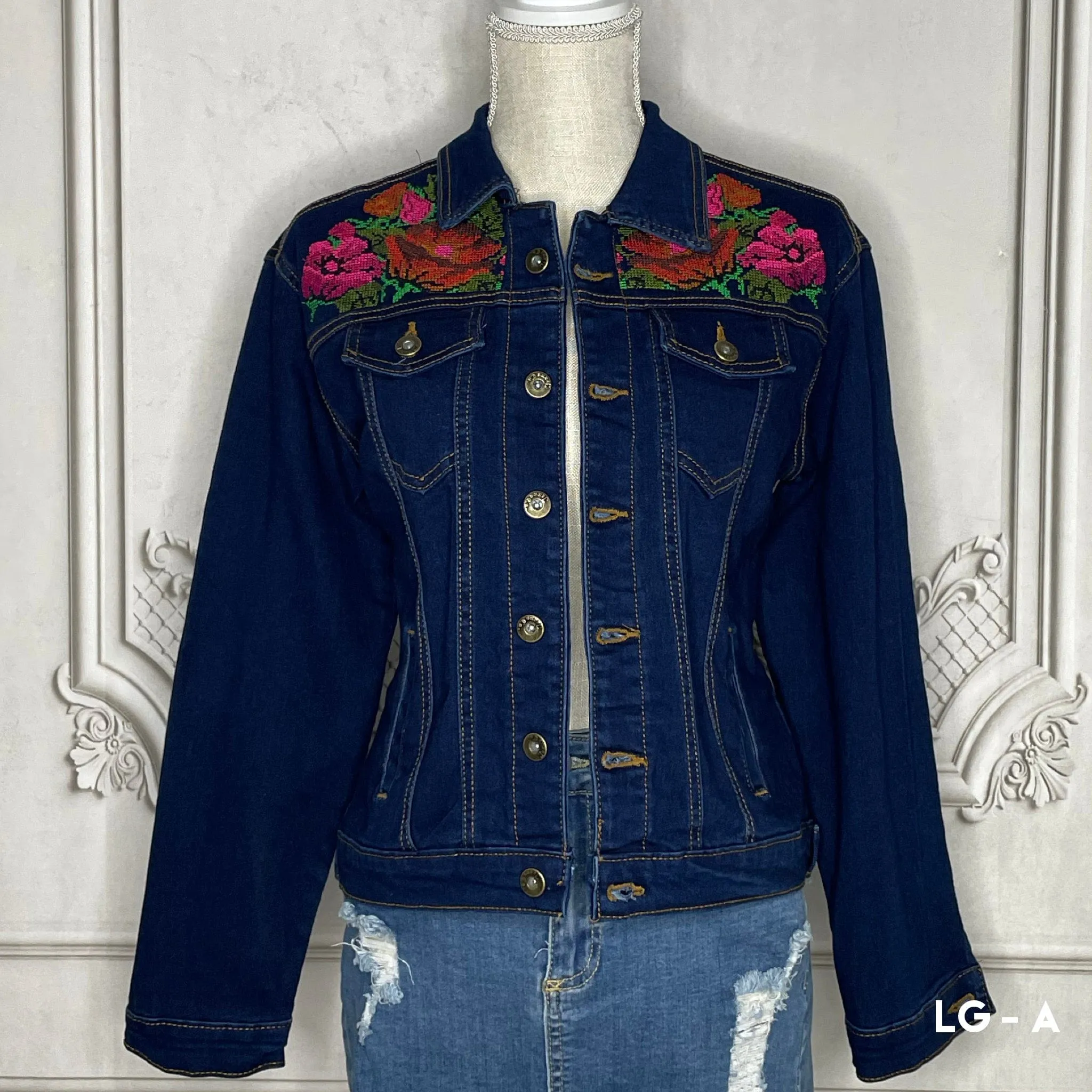 Mexican Embroidered Denim Jacket - Cross Stitch Roses