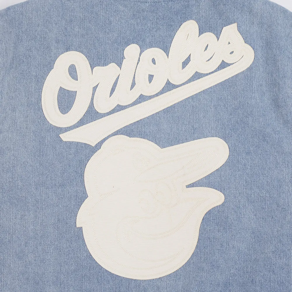 MLB BALTIMORE ORIOLES VARSITY BLUES MEN'S DENIM VARSITY JACKET (DENIM/LINEN)