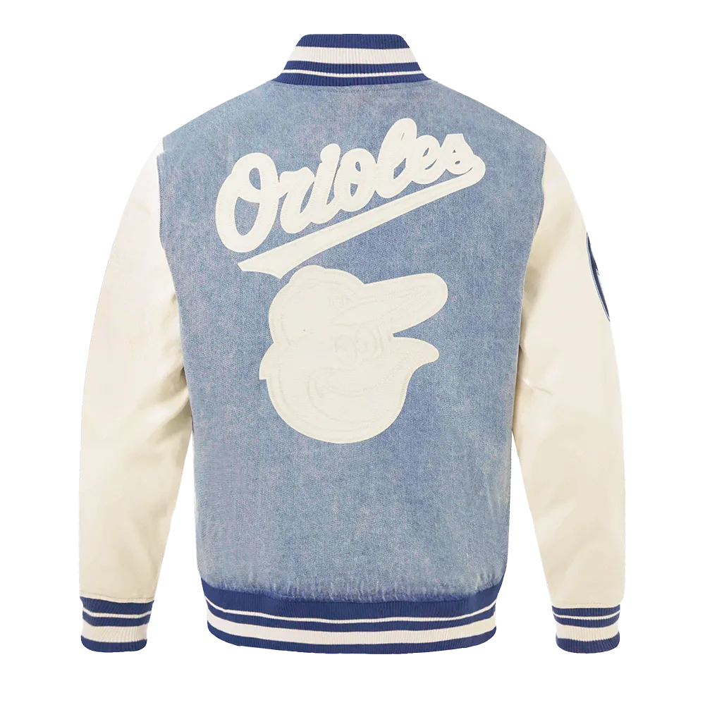 MLB BALTIMORE ORIOLES VARSITY BLUES MEN'S DENIM VARSITY JACKET (DENIM/LINEN)