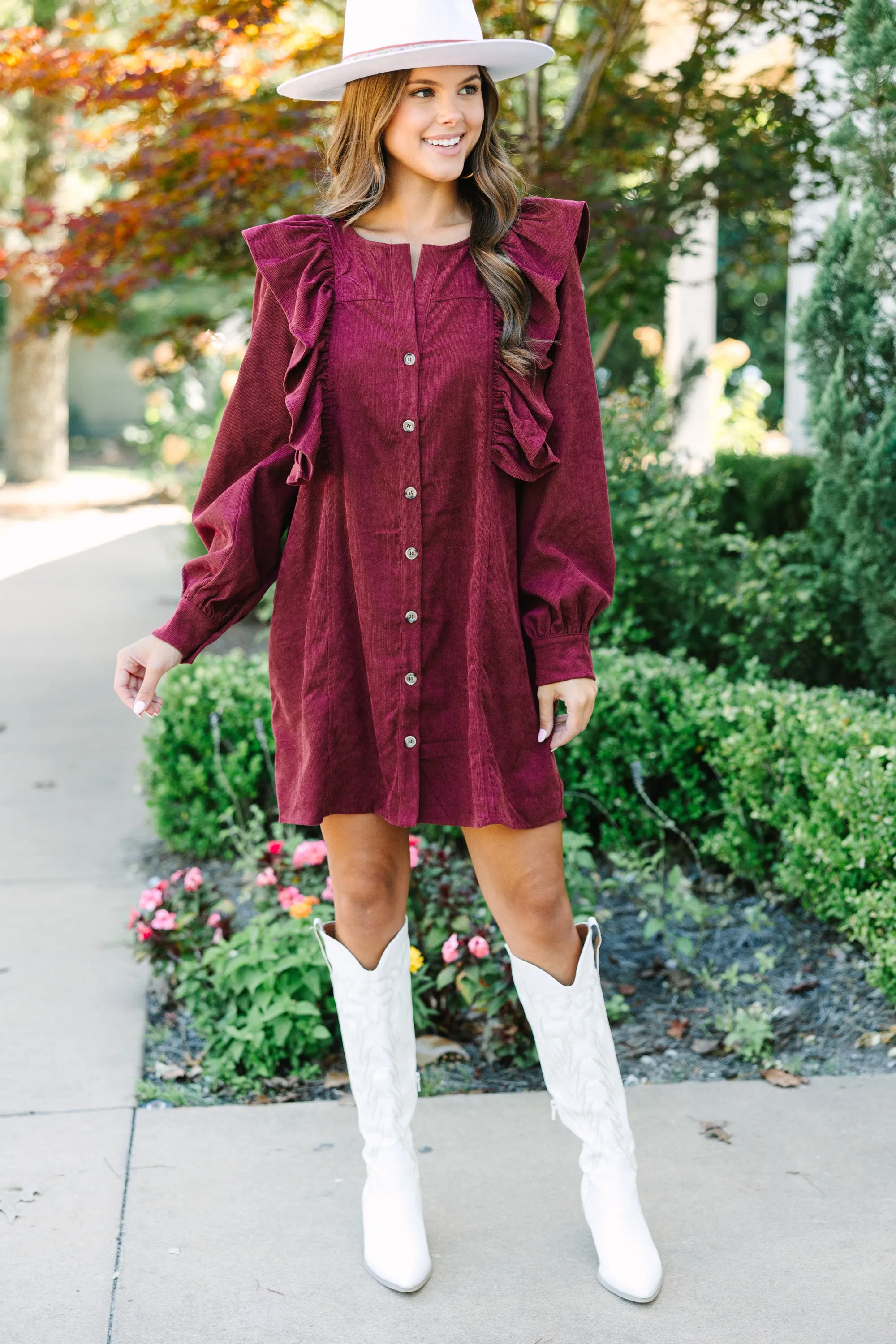 Never Too Late Burgundy Red Corduroy Dress