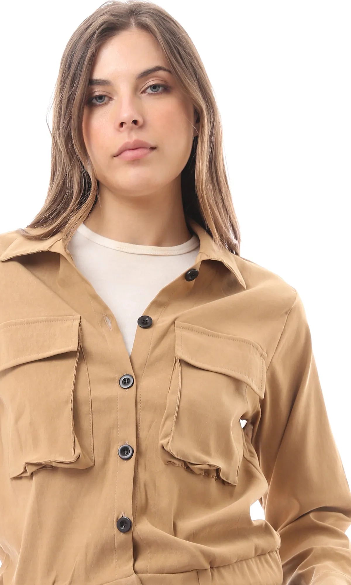 O170009 Camel Soft Cotton Jacket With Patched Pockets