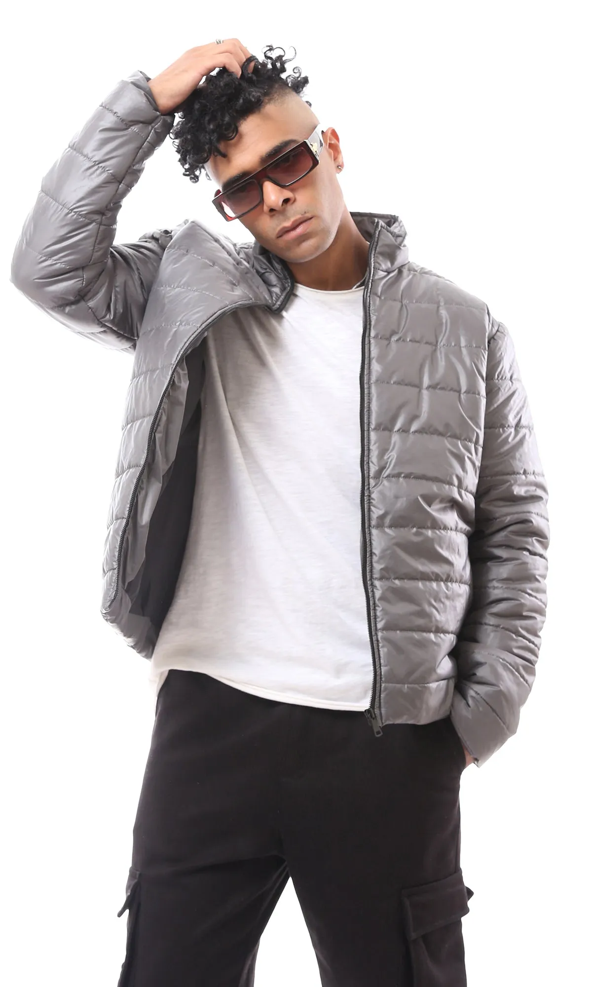 O171092 Dark Grey Polyester Fly Zipper Puffer Jacket