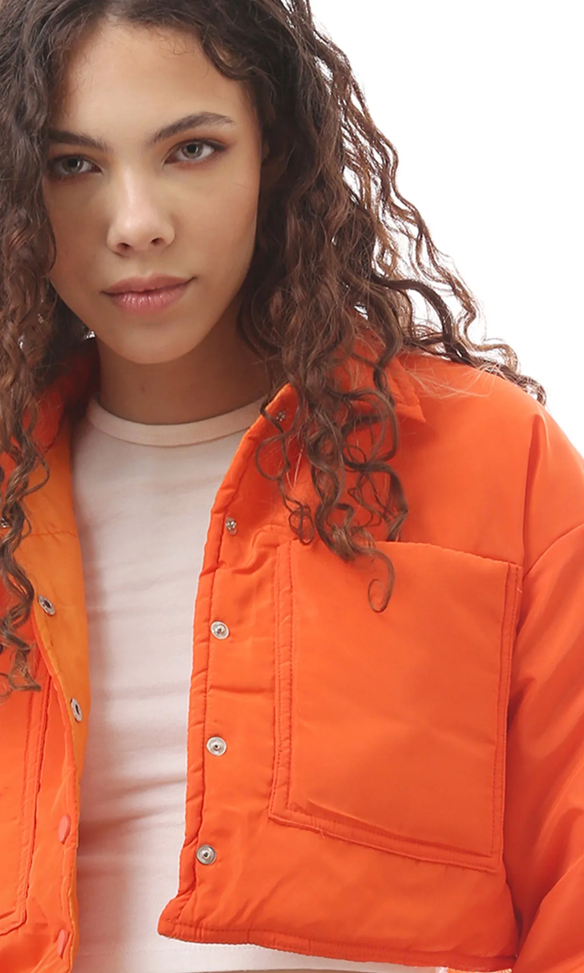 O171932 Orange Cropped Fit Buttoned Jacket