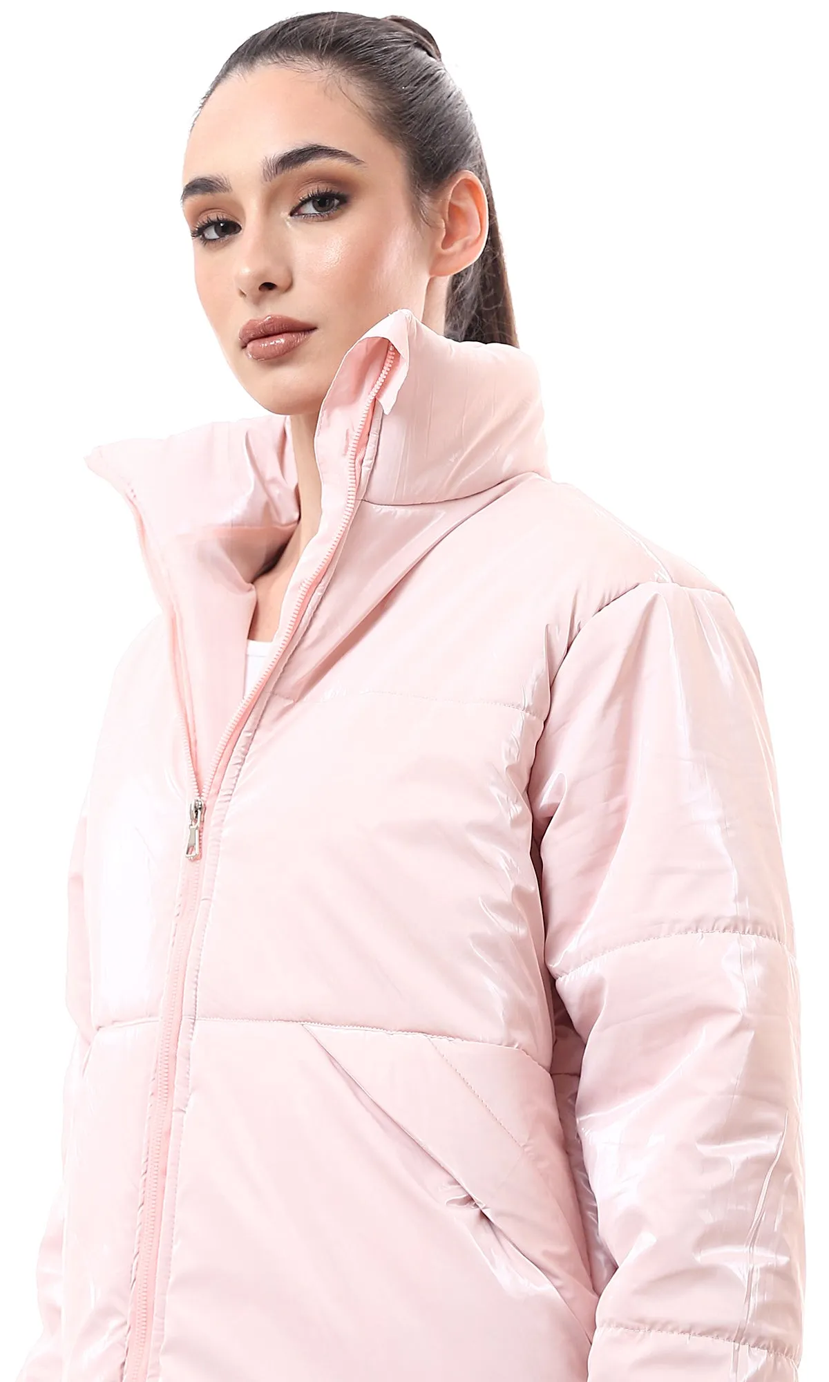 O174183 Shiny Rose Bomber Jacket With Stand Collar