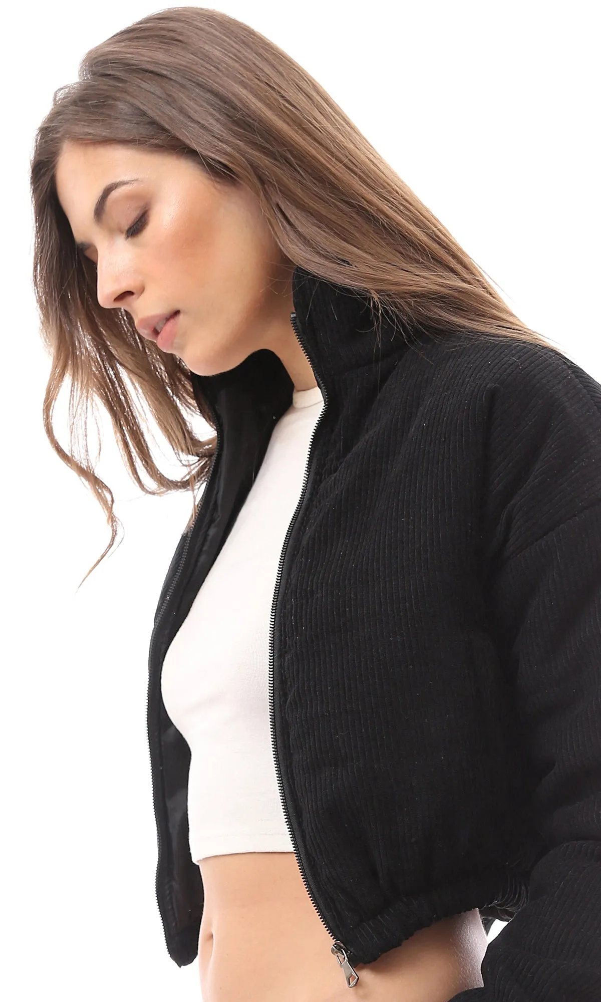 O174443 Black Corduroy Cropped Jacket With Side Pockets