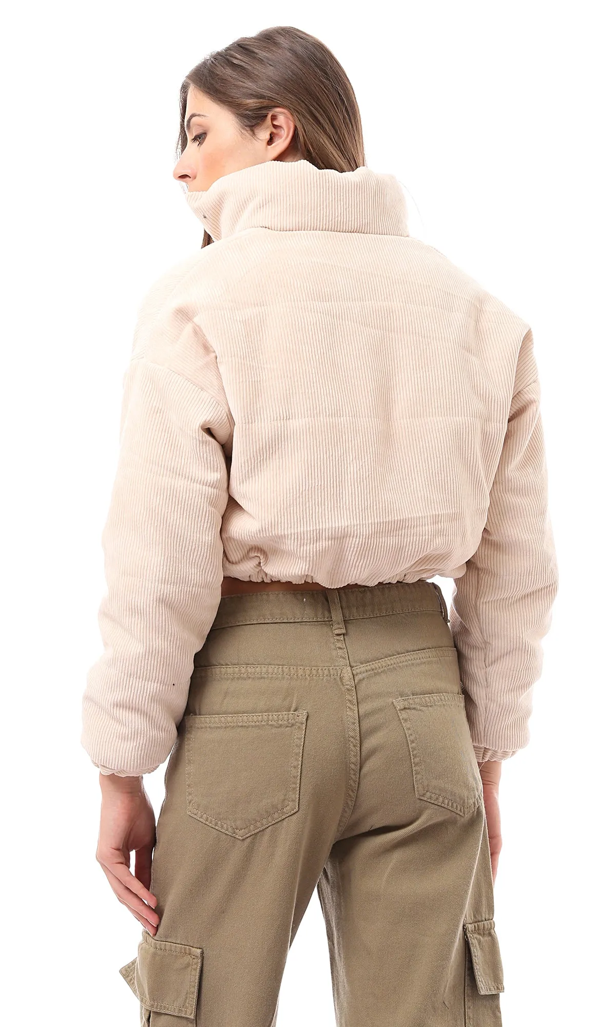 O174444 Beige Full Zipper Corduroy Cropped Jacket