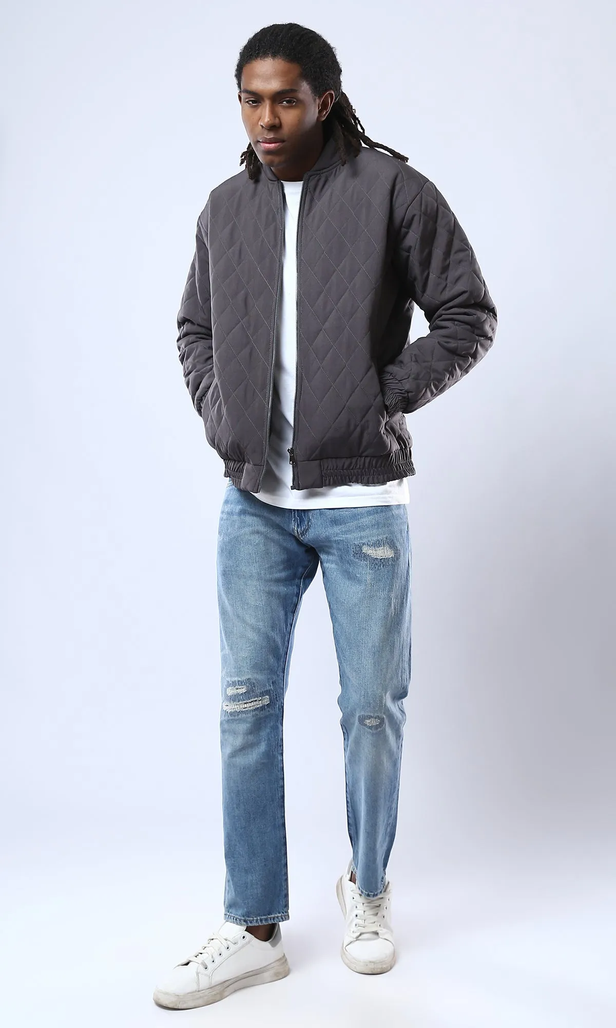 O175350 Dark Grey Quilted Jacket With Elastic Hem