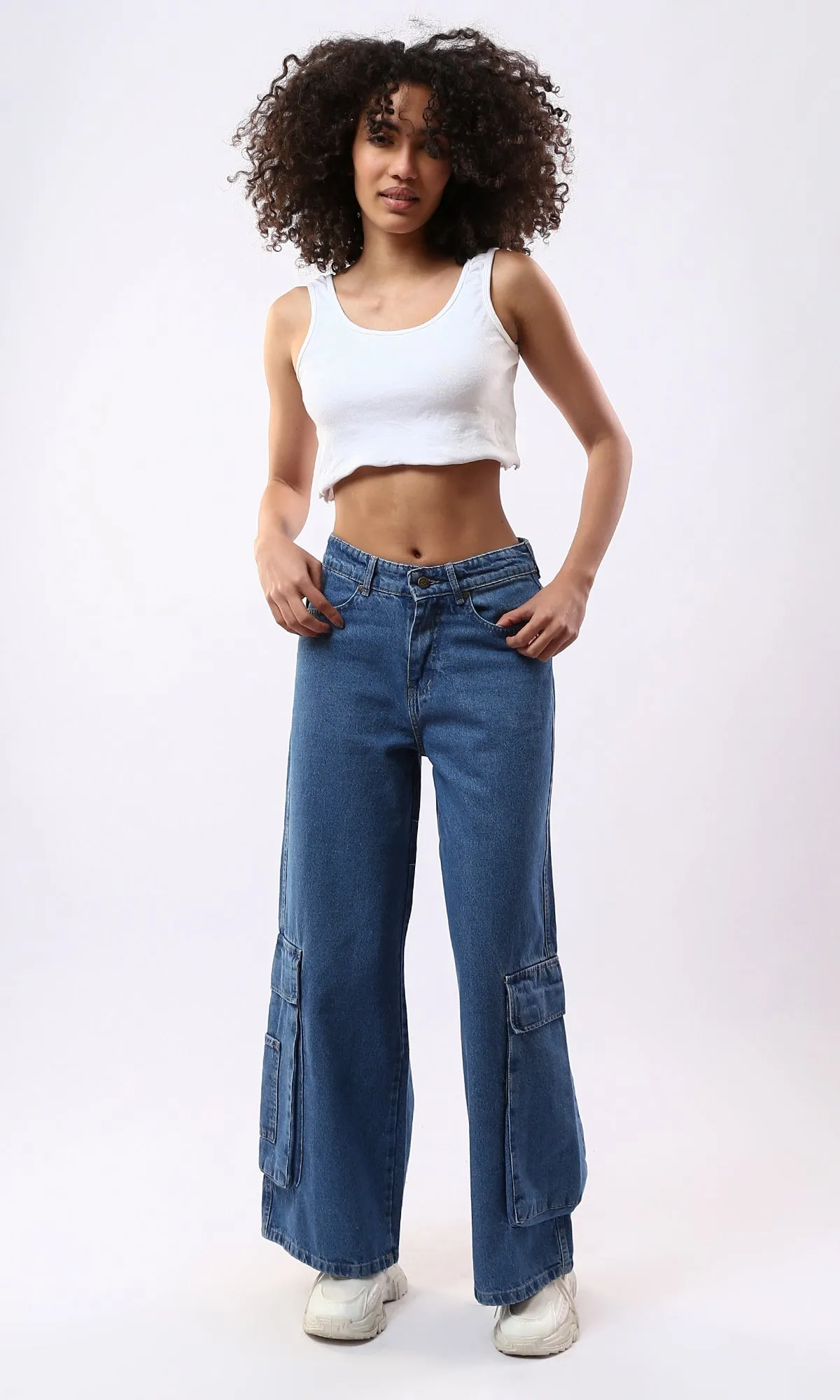 O177960 Standard Blue Wide Leg Jeans With Multi-Pockets