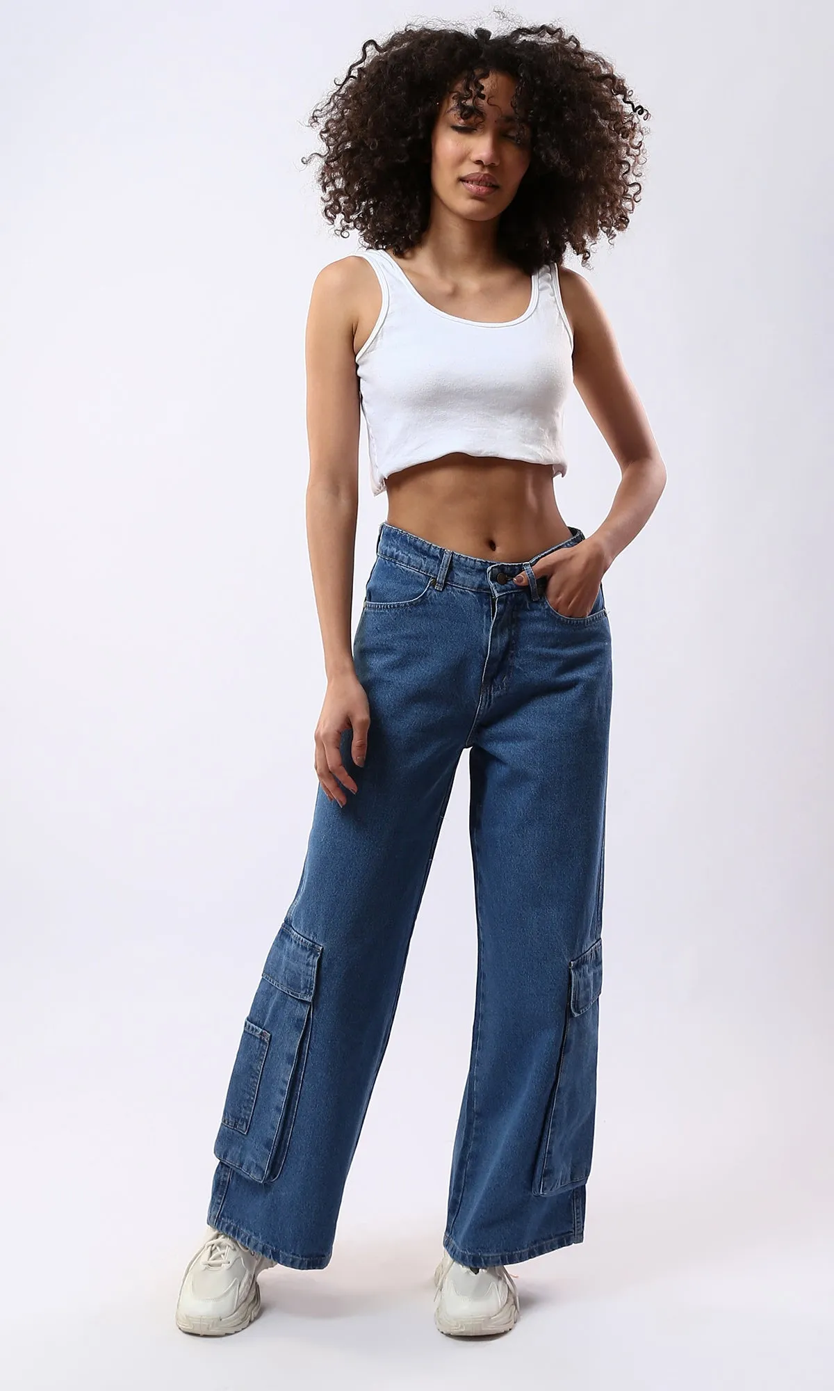 O177960 Standard Blue Wide Leg Jeans With Multi-Pockets