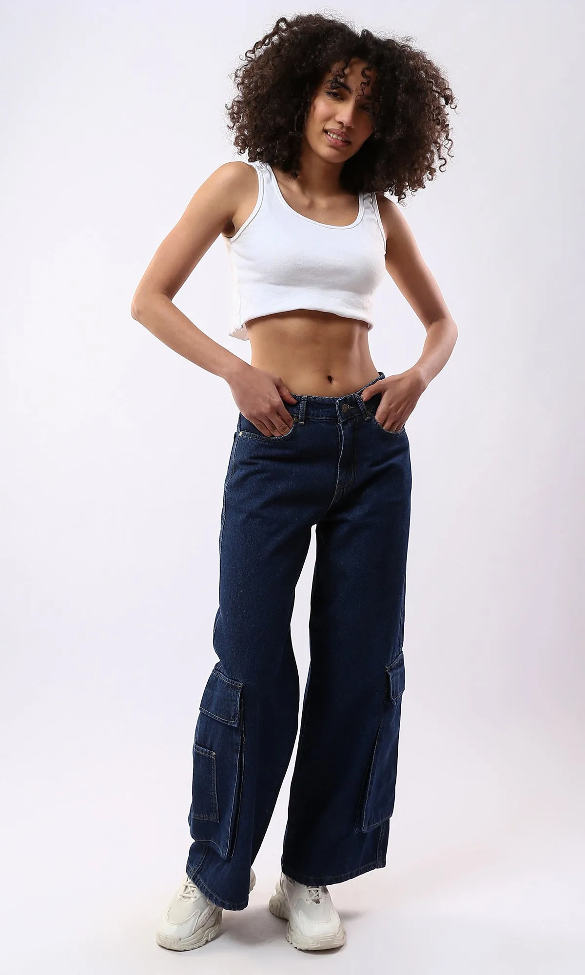 O177962 Regular Fit Wide Leg Solid Casual Jeans - Dark Blue