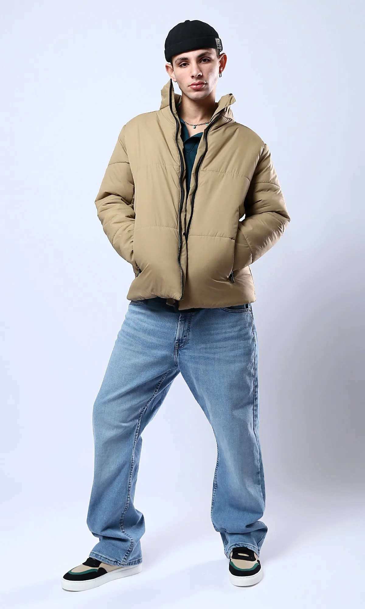 O180577 Stand-Collar Solid Light Camel Puffer Jacket