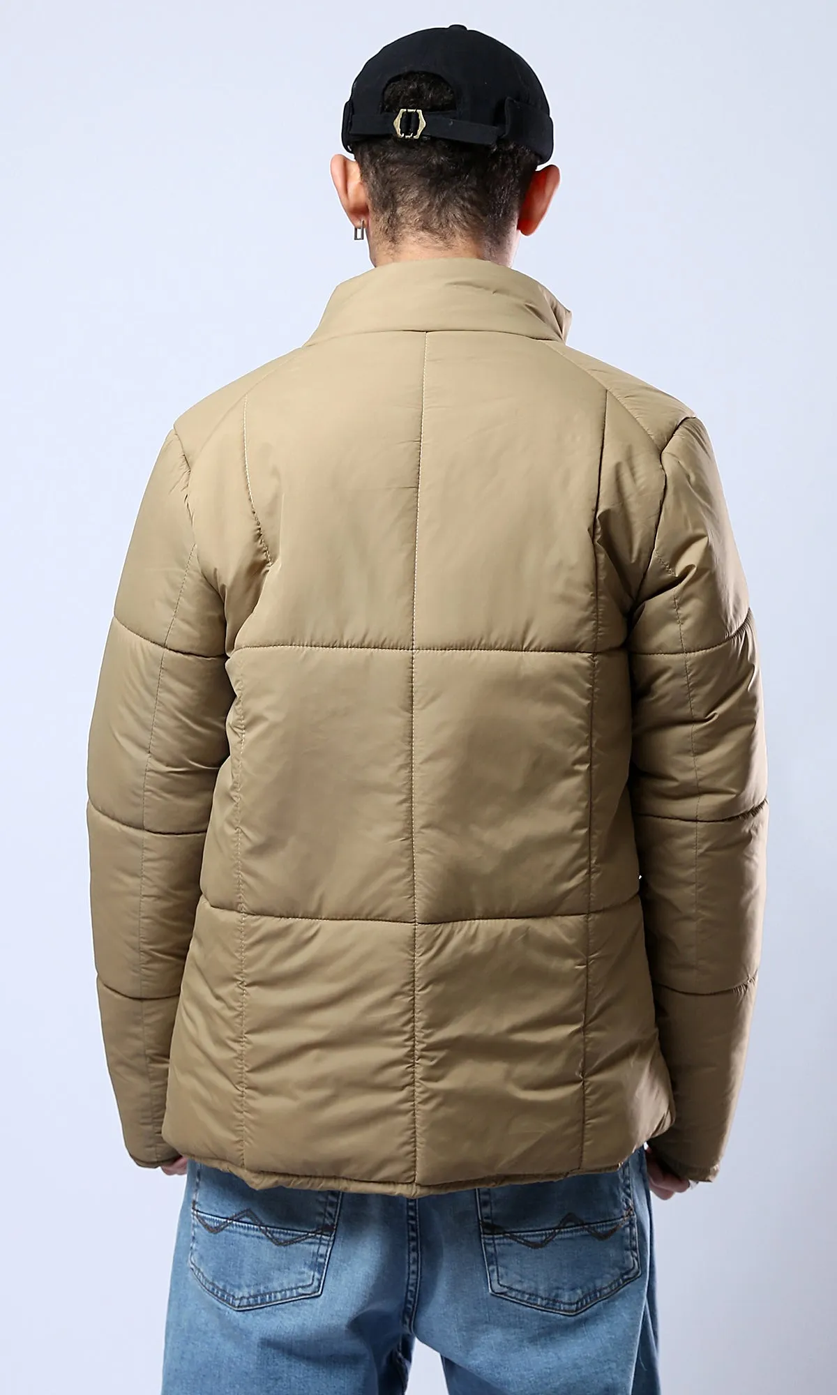 O180577 Stand-Collar Solid Light Camel Puffer Jacket