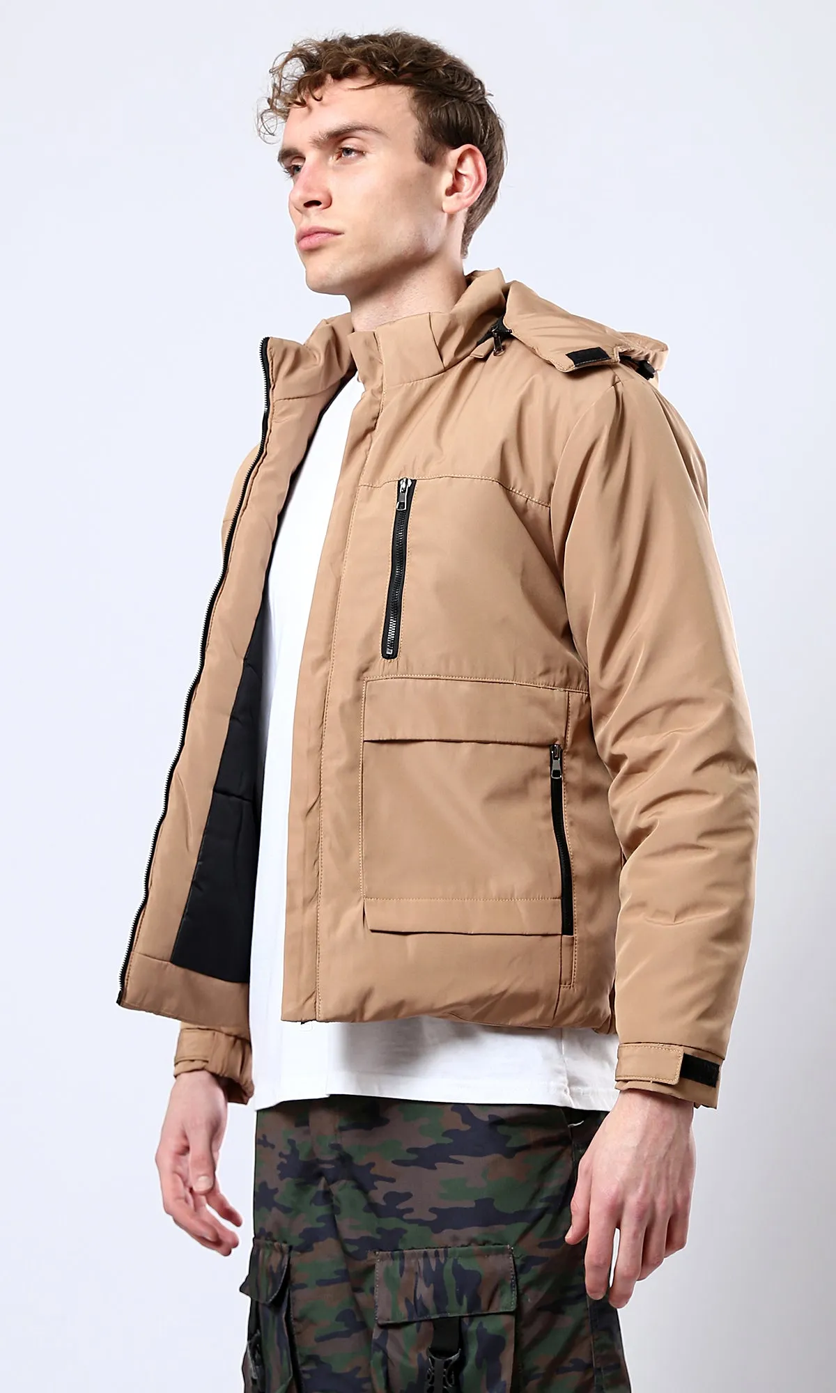 O181759 Camel Hooded Jacket With Side Pockets