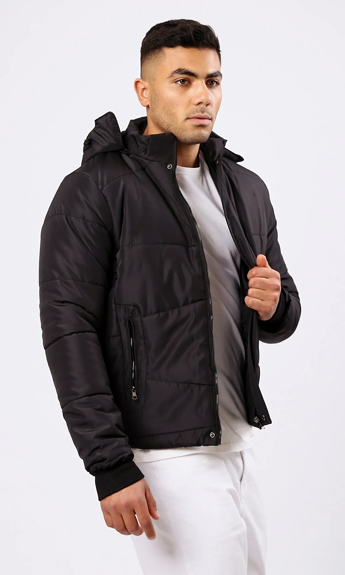 O181762 Black Puffer Jacket With Side Zipped Jacket