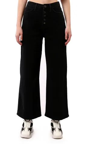 O183103 Wide Leg Solid Black Buttoned Jeans