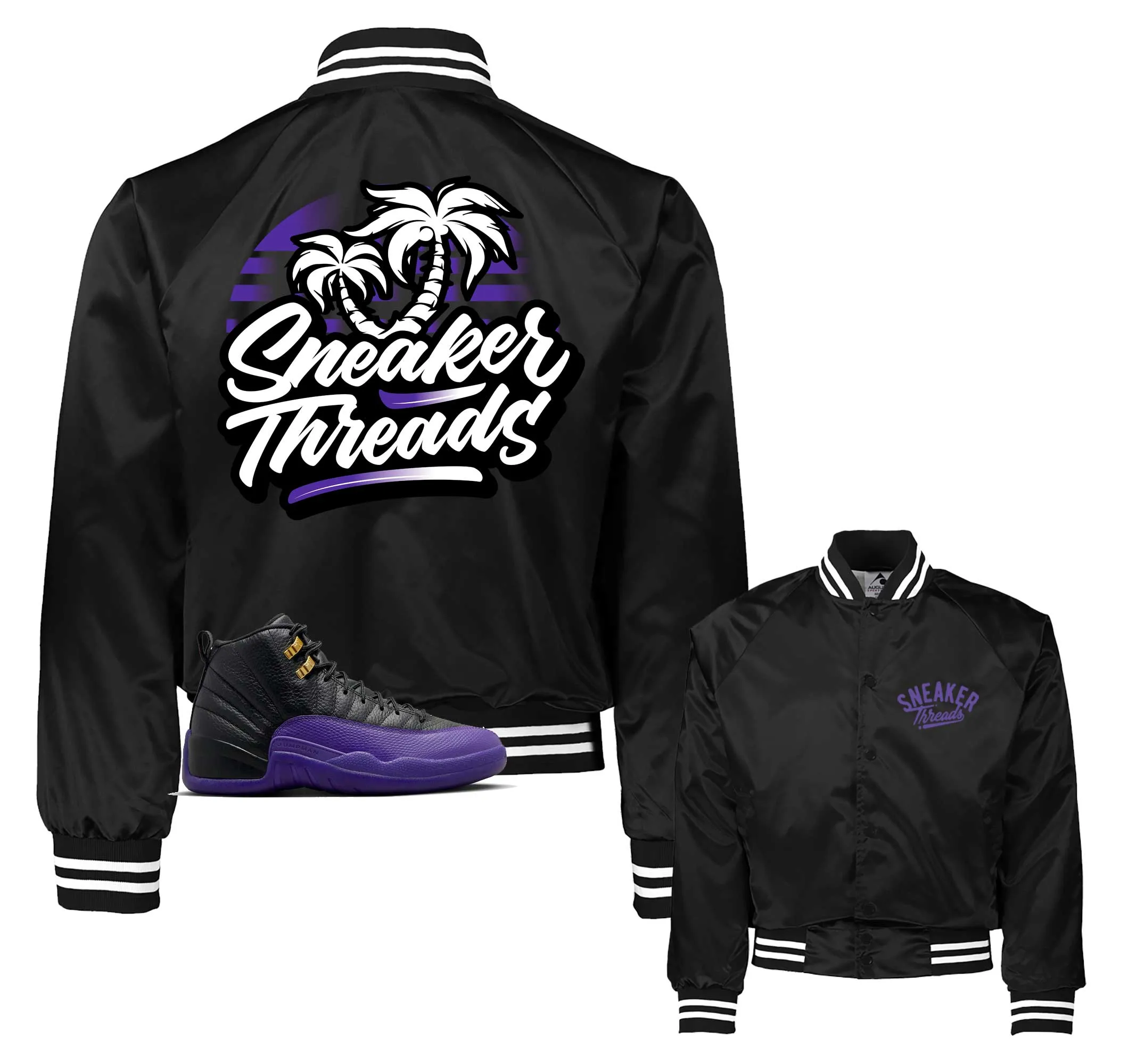 Retro 12 Field Purple Satin Jacket - ST Palms - Black