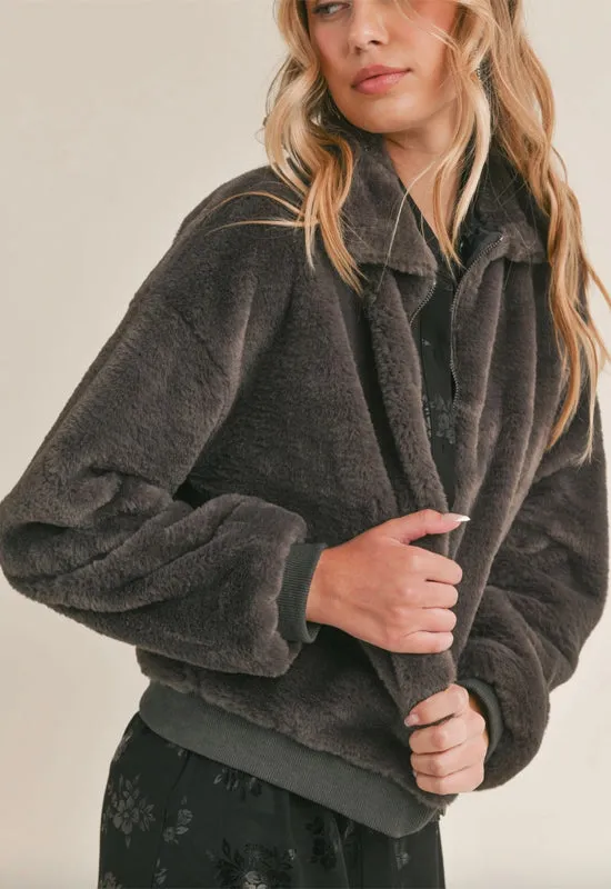 Sadie & Sage - Nadine Faux Fur Bomber Charcoal