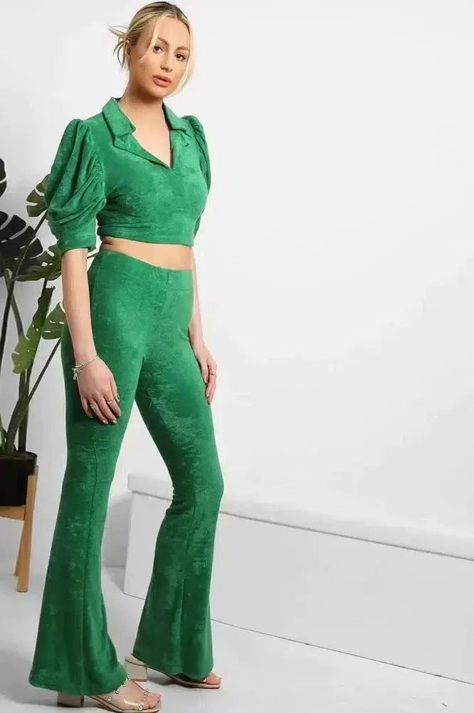 Soft Teddy Crop Top And Wide Kick Flare Trousers Set